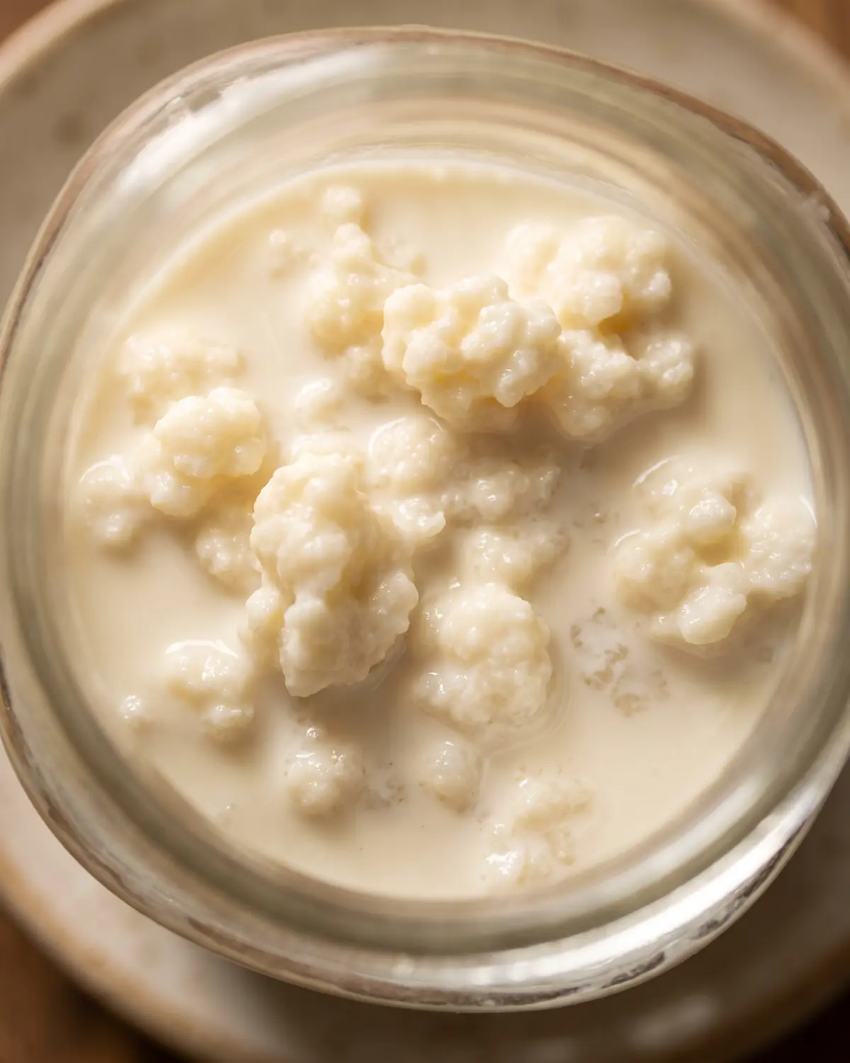 kefir hongo como cuidarlo Vista desde la base de un tarro con gránulos irregulares bajo una capa de leche cremosa.
