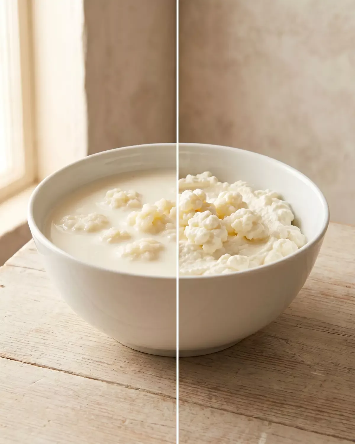 Dos cuencos de cer&aacute;mica blanca comparan k&eacute;fir bebible y k&eacute;fir escurrido con texturas diferentes.