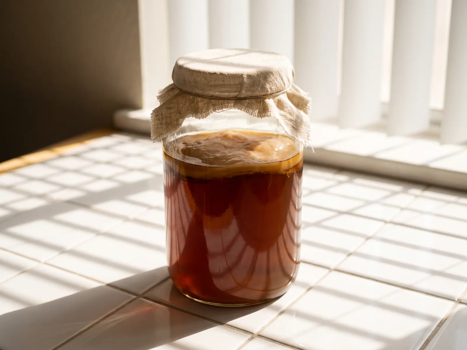 kombucha mercadona Tarro de té ámbar con SCOBY sobre azulejos blancos, con sombras de persiana y un paño crudo al lado.
