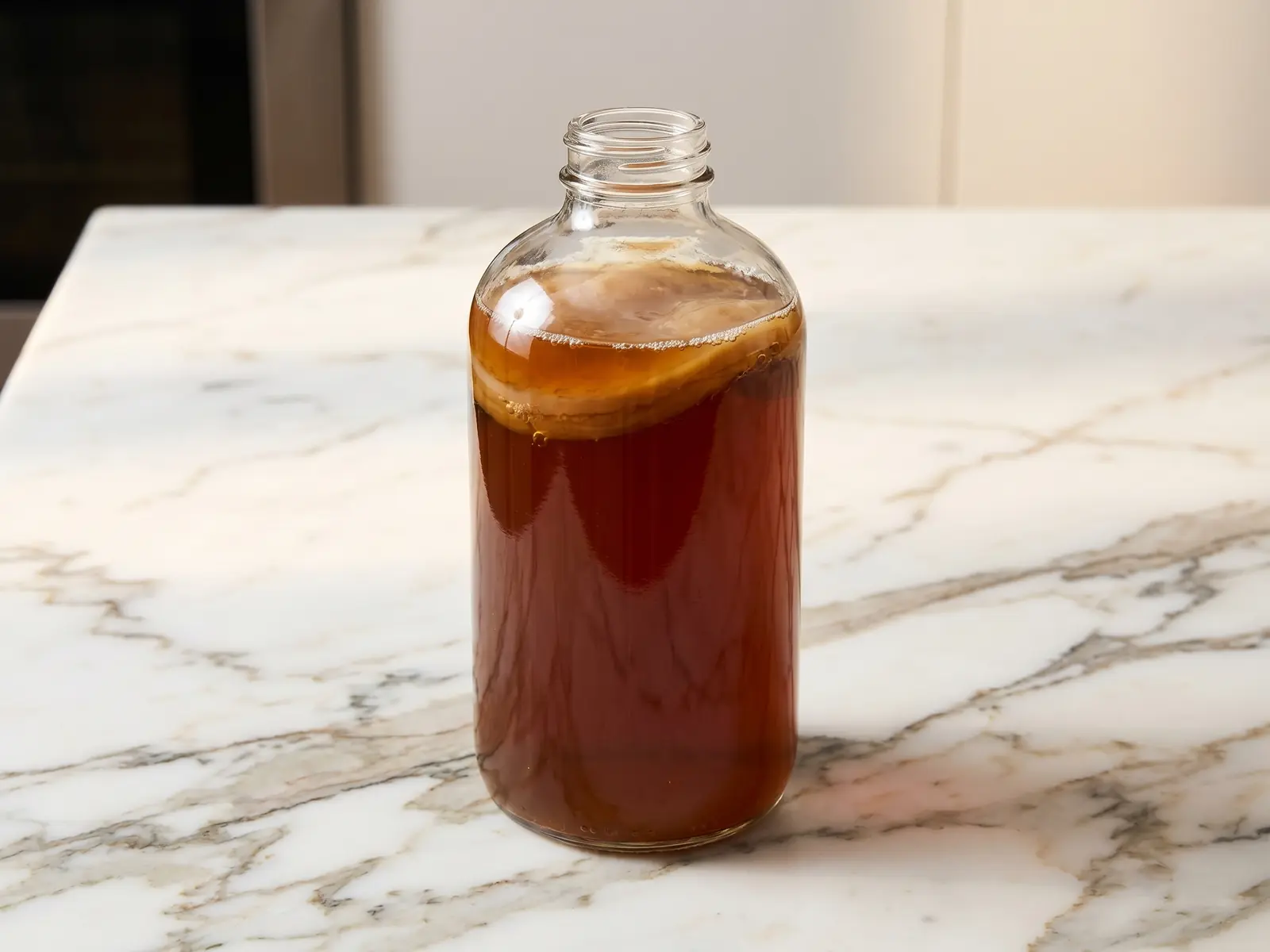 kombucha de donde es Botella de kombucha ámbar sobre mármol blanco veteado, con burbujas sutiles visibles en la bebida.