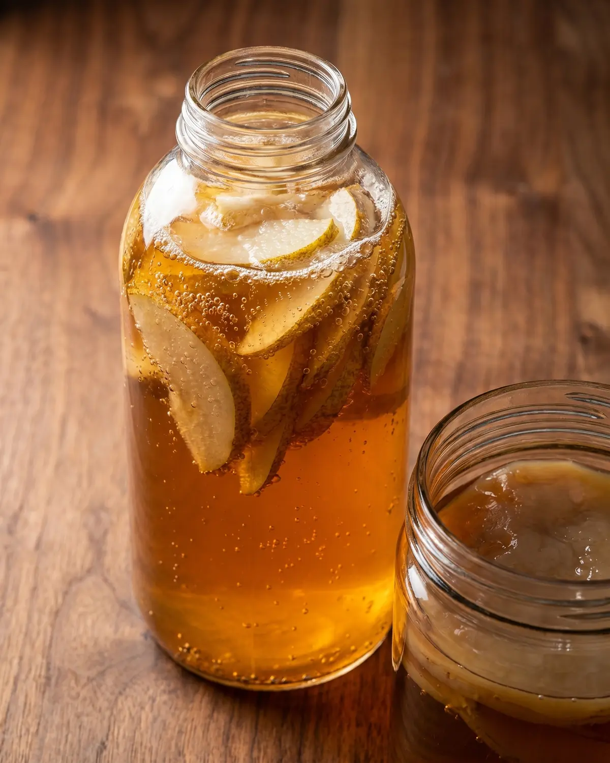 Botella de kombucha con pera laminada, burbujas en el vidrio y fondo de nogal c&aacute;lido.
