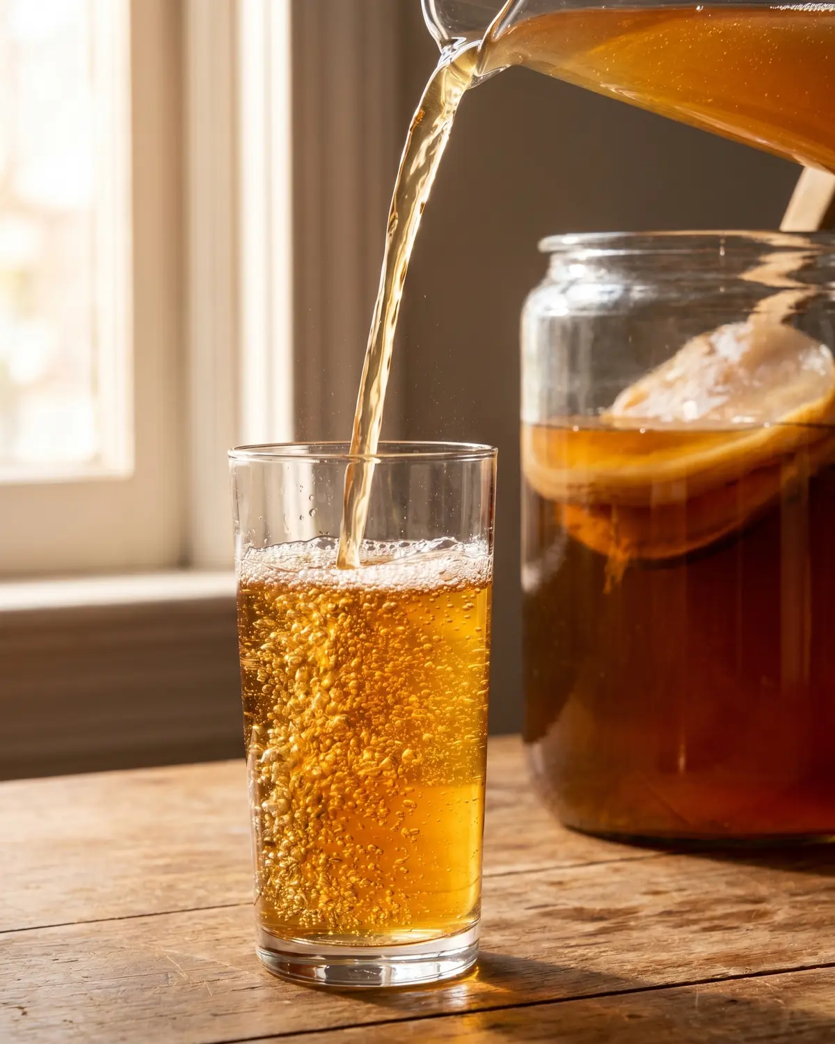 scoby kombucha Chorro de kombucha servida en un vaso alto, con pequeñas burbujas sobre una superficie de madera clara.
