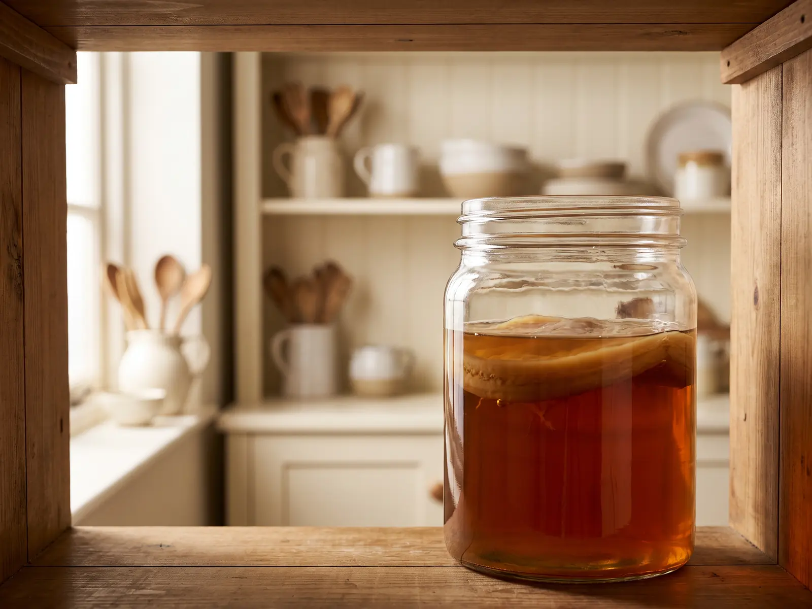 la kombucha tiene alcohol Tarro de kombucha con SCOBY visto desde una alacena, con una cocina de tonos crema desenfocada al fondo.