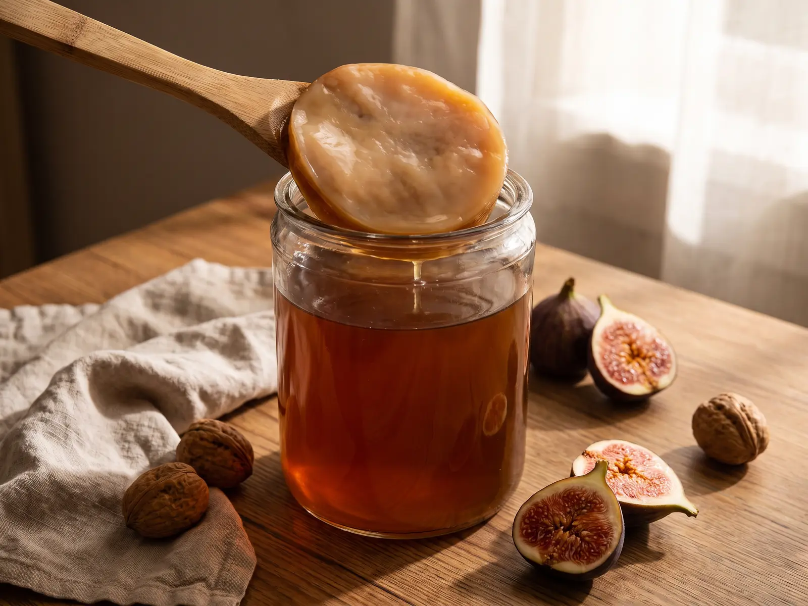 Tarro con SCOBY junto a higos partidos, nueces y servilleta de lino en una mesa oto&ntilde;al