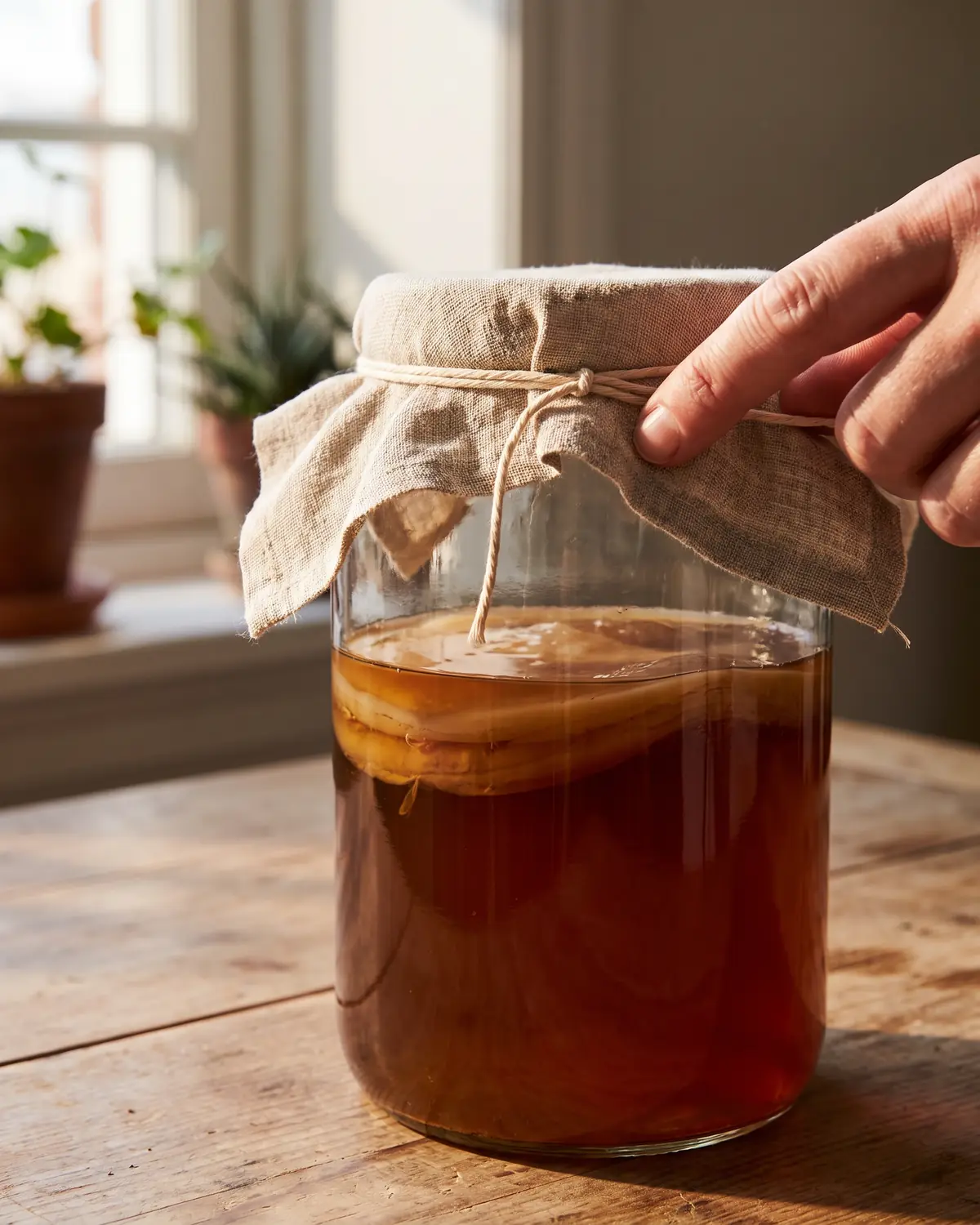 Dedos atando una tela de lino sobre un tarro peque&ntilde;o con el SCOBY visible a trav&eacute;s del vidrio.