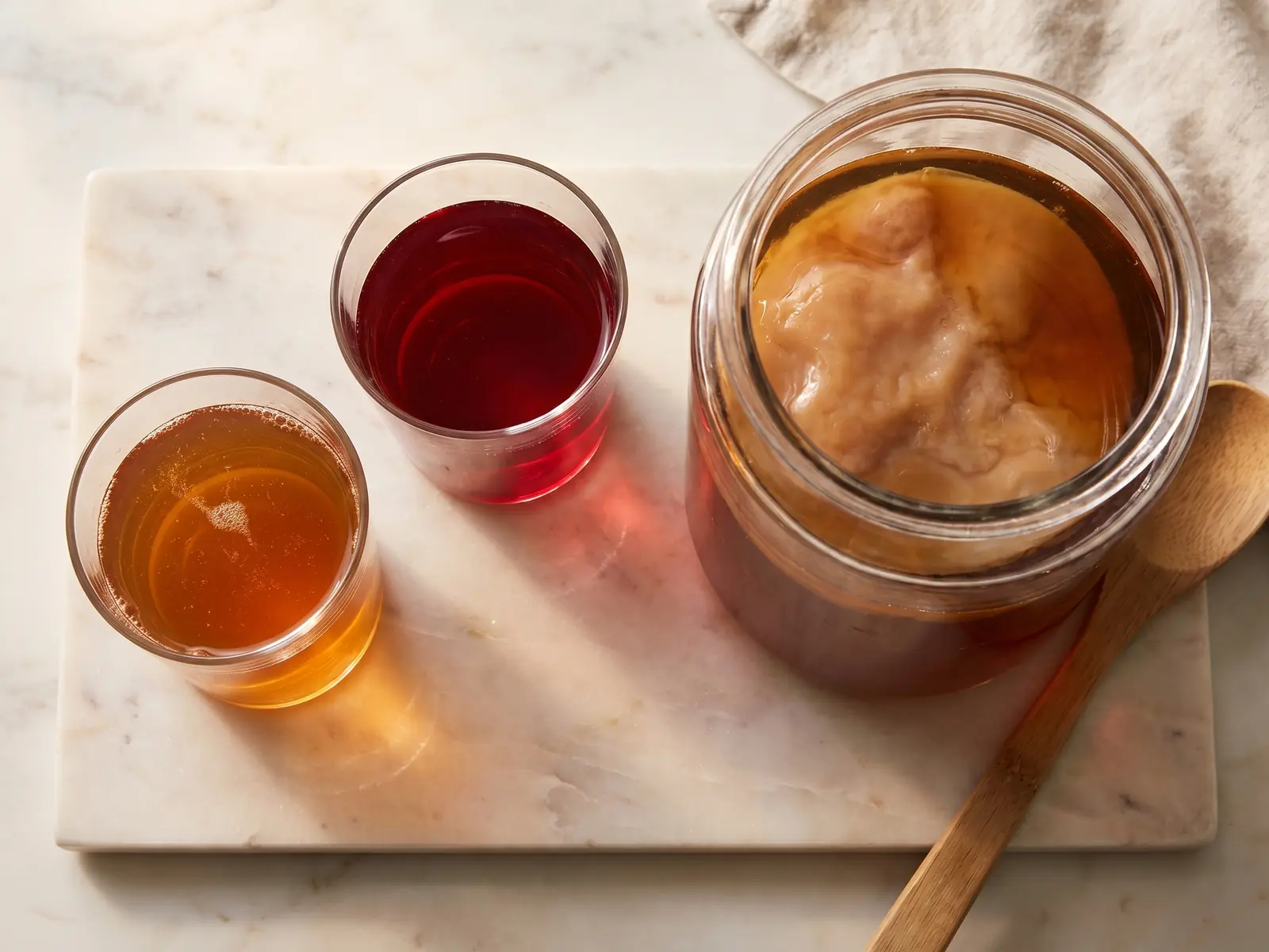 azúcar para kombucha Dos vasos de kombucha, una ámbar y otra con hibisco, sobre mármol claro con luz cenital.