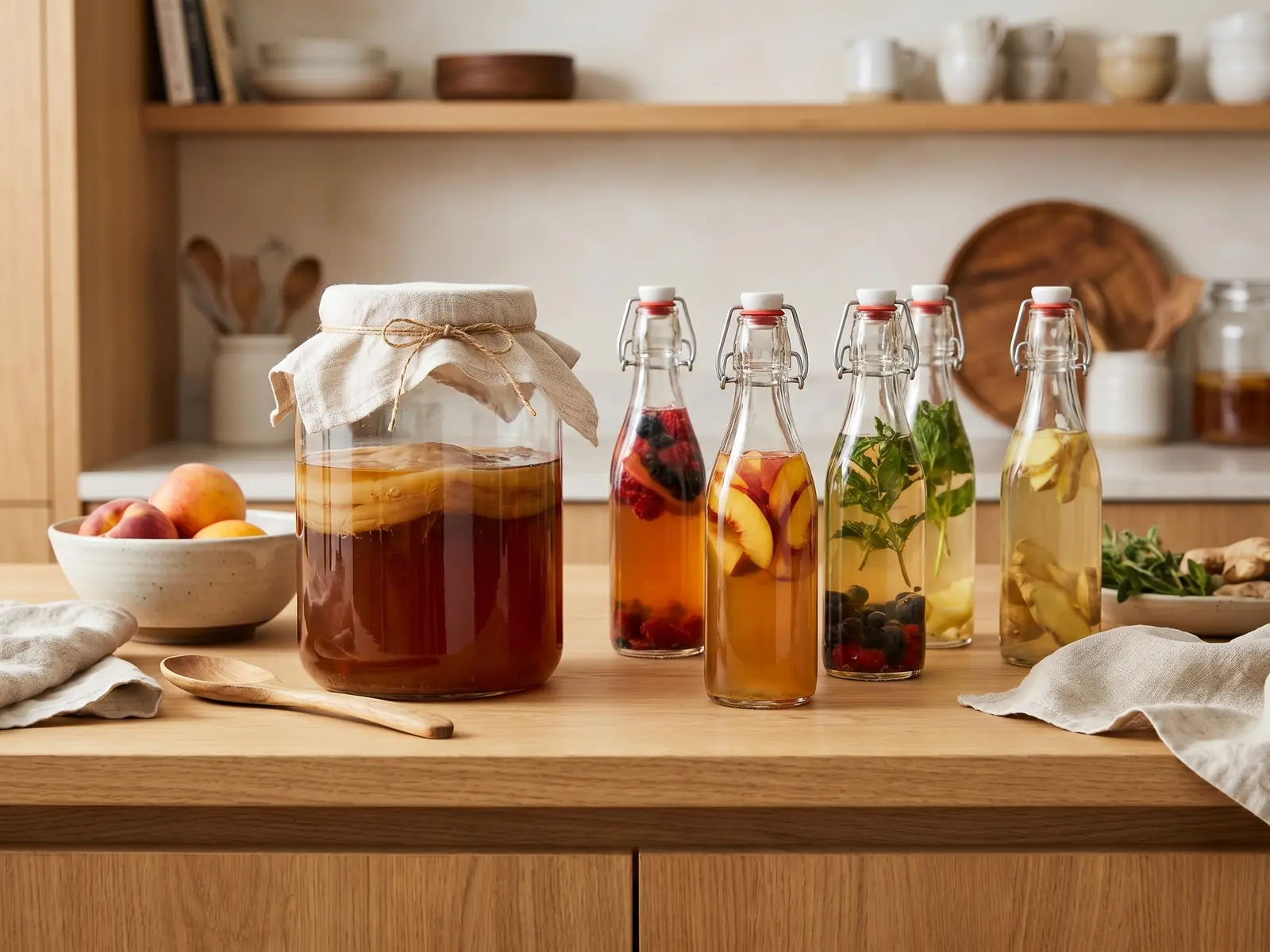 kéfir de leche agua kombucha diferencias Encimera con varios tarros de kombucha en fermentación primaria y secundaria preparados en casa