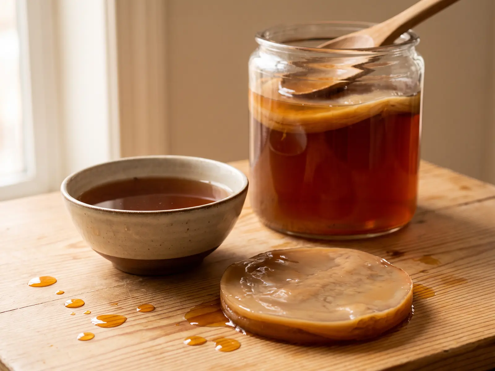 para qué es bueno la kombucha Tarro de kombucha sobre una mesa de pino con gotas ámbar y un cuenco de té al fondo.