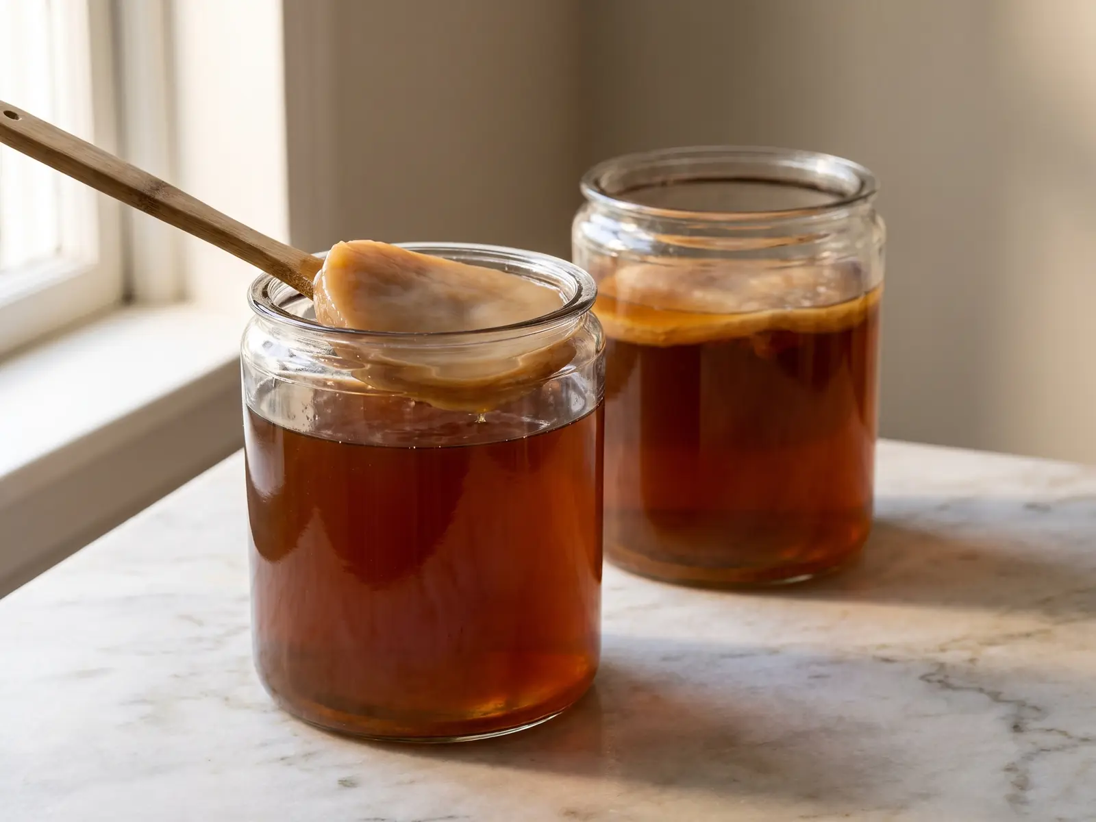 kombucha adelgaza Dos tarros de kombucha sobre mármol mate con SCOBYs flotando en un ambiente de luz nublada.