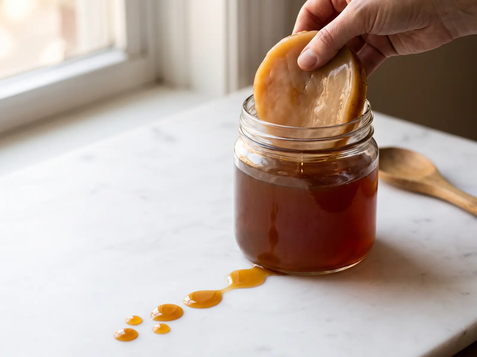 10 beneficios de la kombucha Gotas ámbar de kombucha sobre mármol blanco conducen a un tarro con SCOBY beige y marrón.