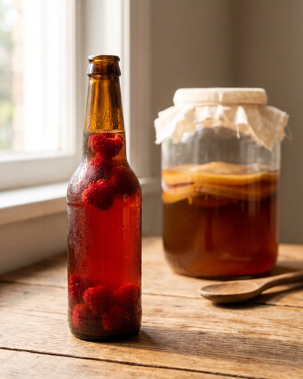 Botella &aacute;mbar fr&iacute;a con gotas de condensaci&oacute;n, frambuesas y tarro madre de kombucha desenfocado al fondo.