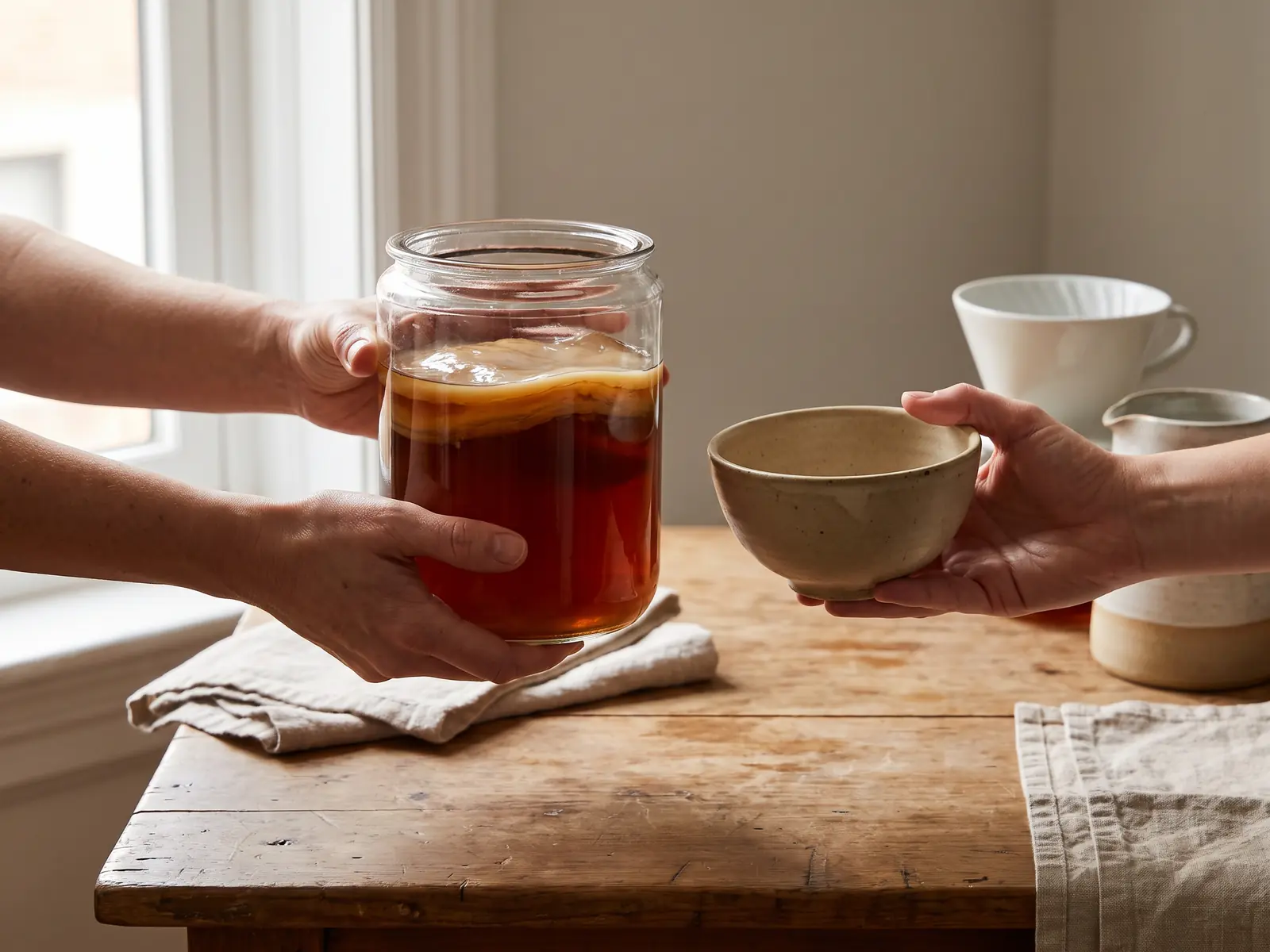 kéfir de agua o kombucha Dos manos intercambian un tarro con SCOBY y un cuenco beige en una escena de fermentación casera.