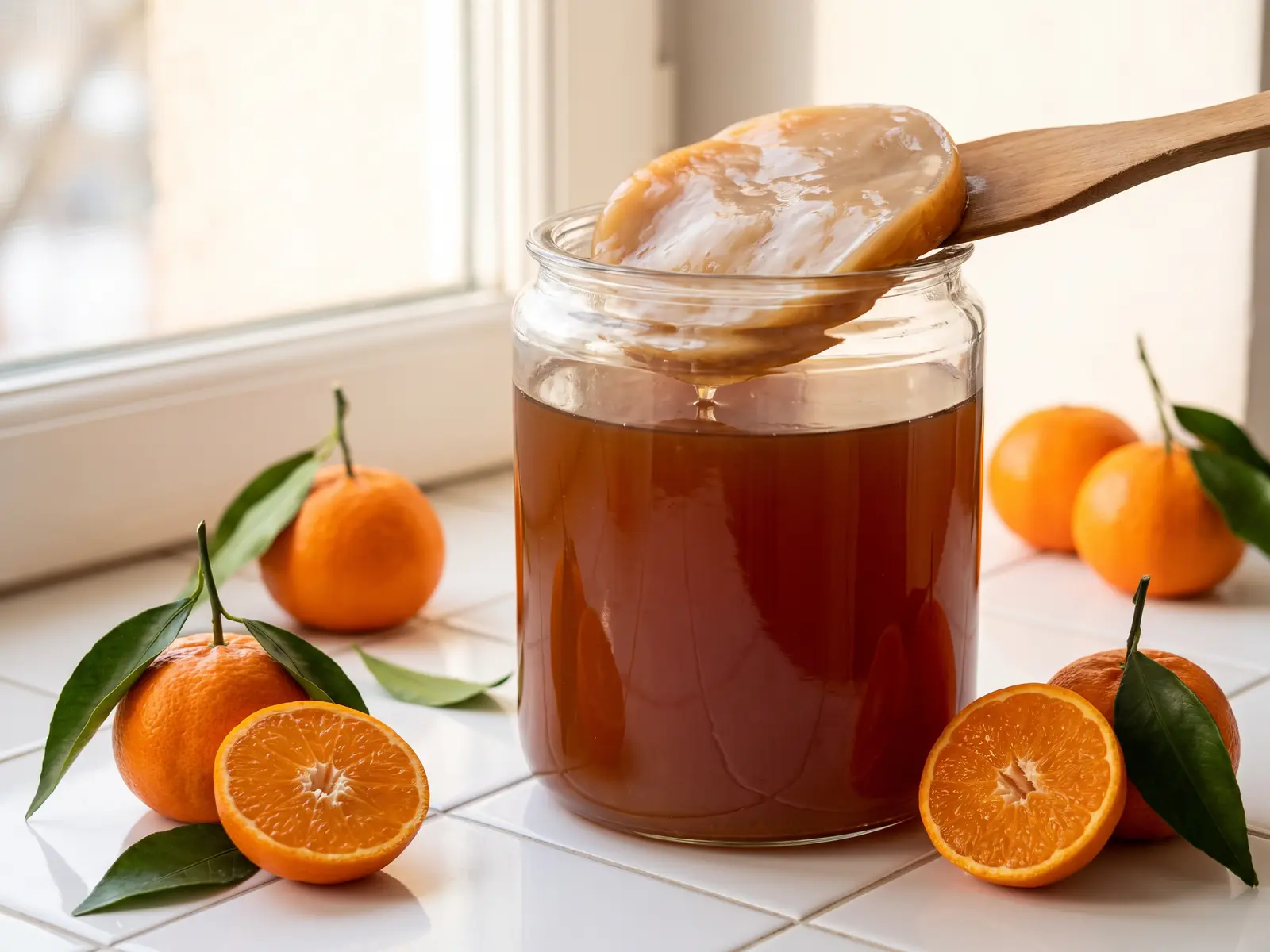 Tarro de kombucha con SCOBY y t&eacute; &aacute;mbar junto a mandarinas sobre azulejos blancos en una escena luminosa