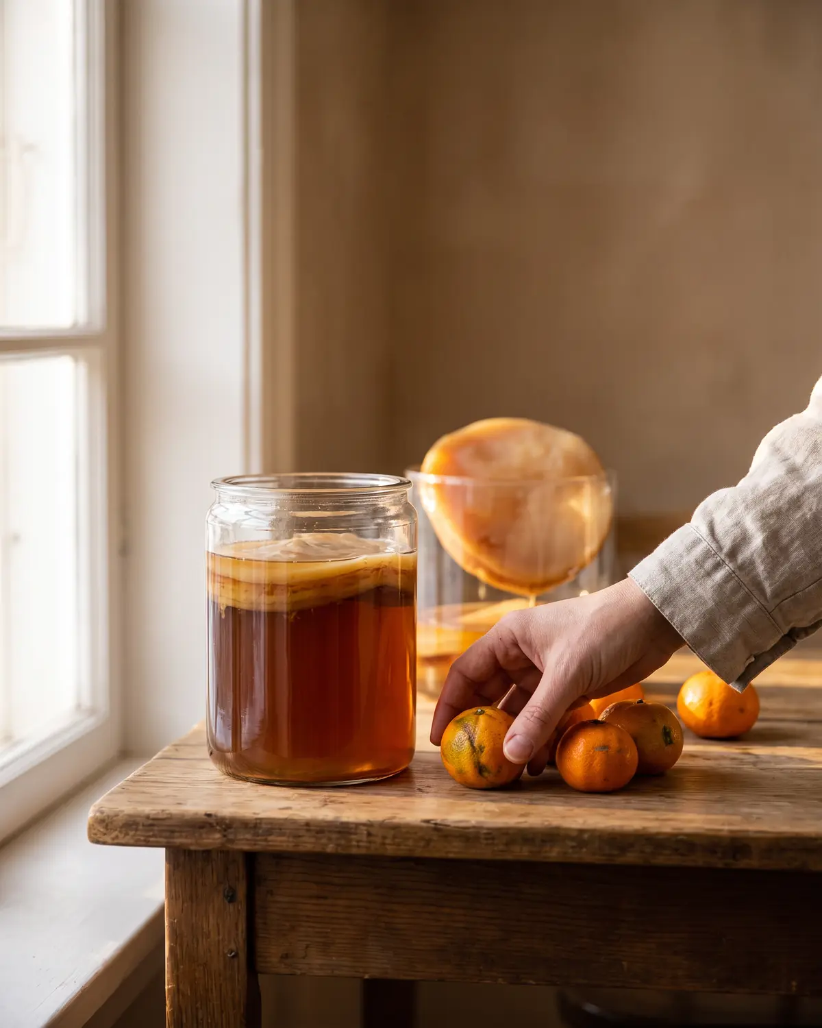Mano colocando mandarinas junto a un tarro de SCOBY con luz invernal sobre la mesa
