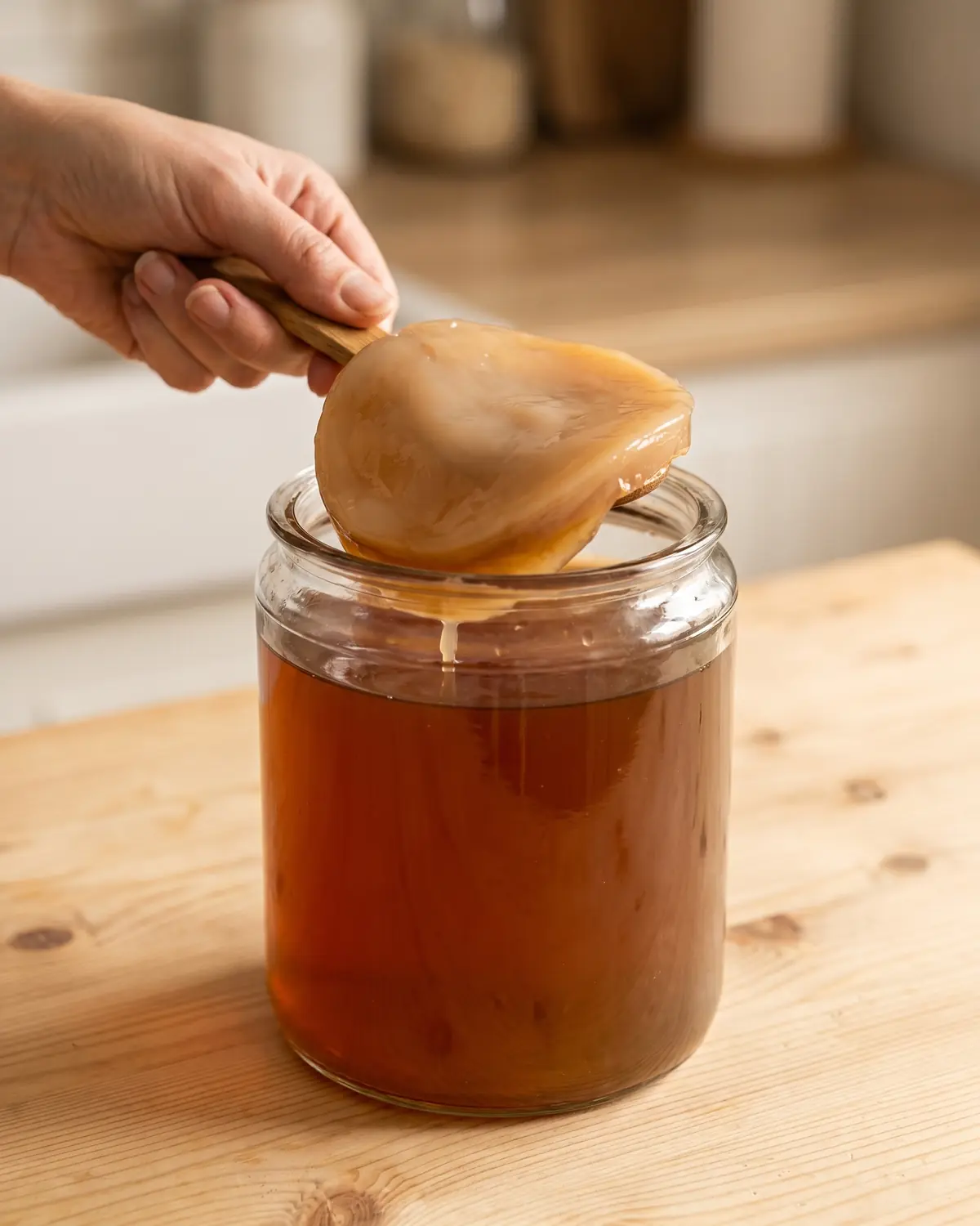 kombucha Mano levantando un SCOBY del tarro con una cuchara de madera durante la preparación casera.