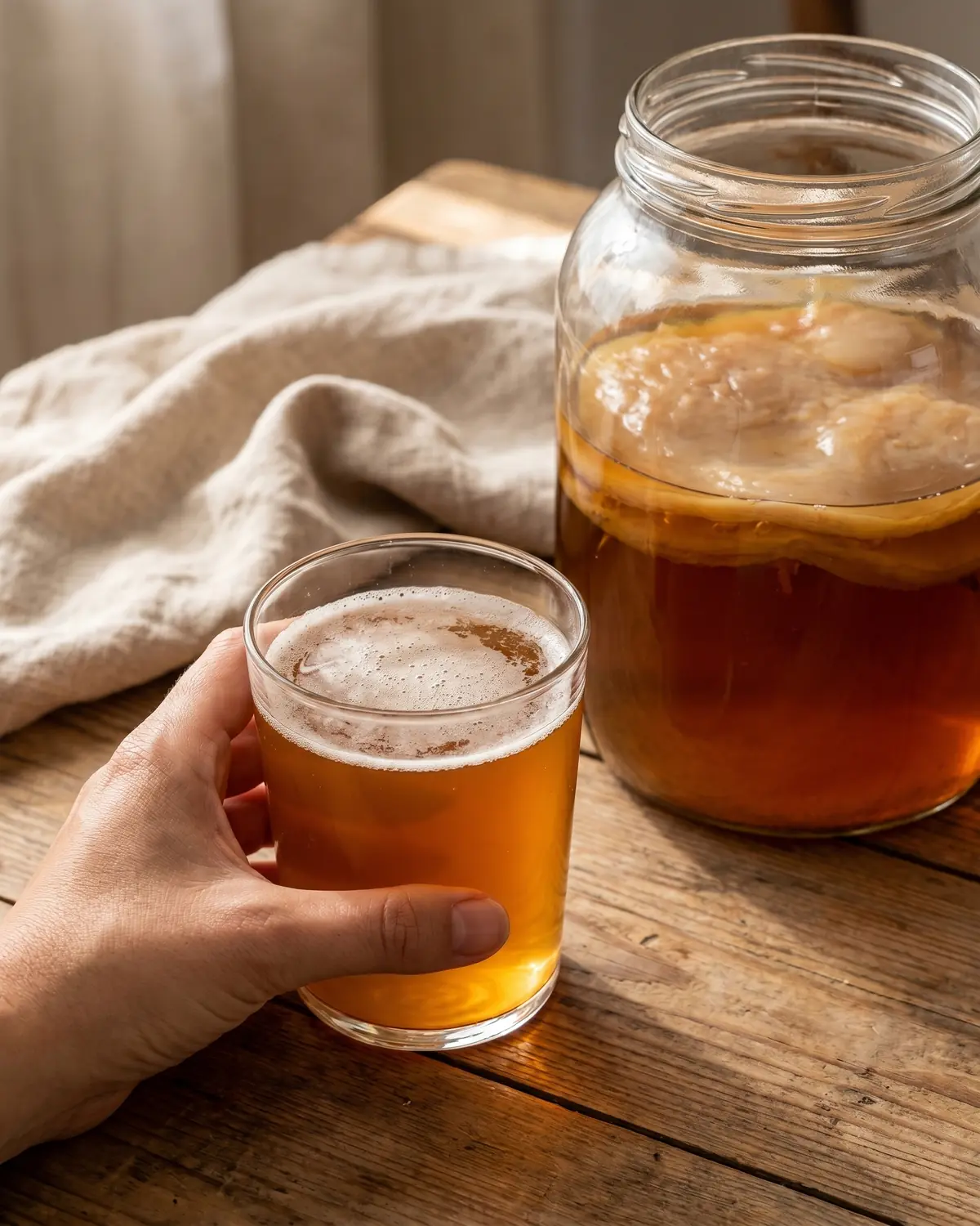 kombucha que es Mano sujetando un vaso de kombucha ámbar con espuma ligera y lino crudo al fondo.