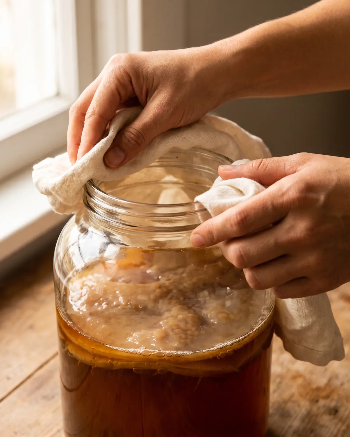 10 beneficios de la kombucha Dos manos limpian el borde de un tarro con té fermentado y un SCOBY visible bajo la superficie.