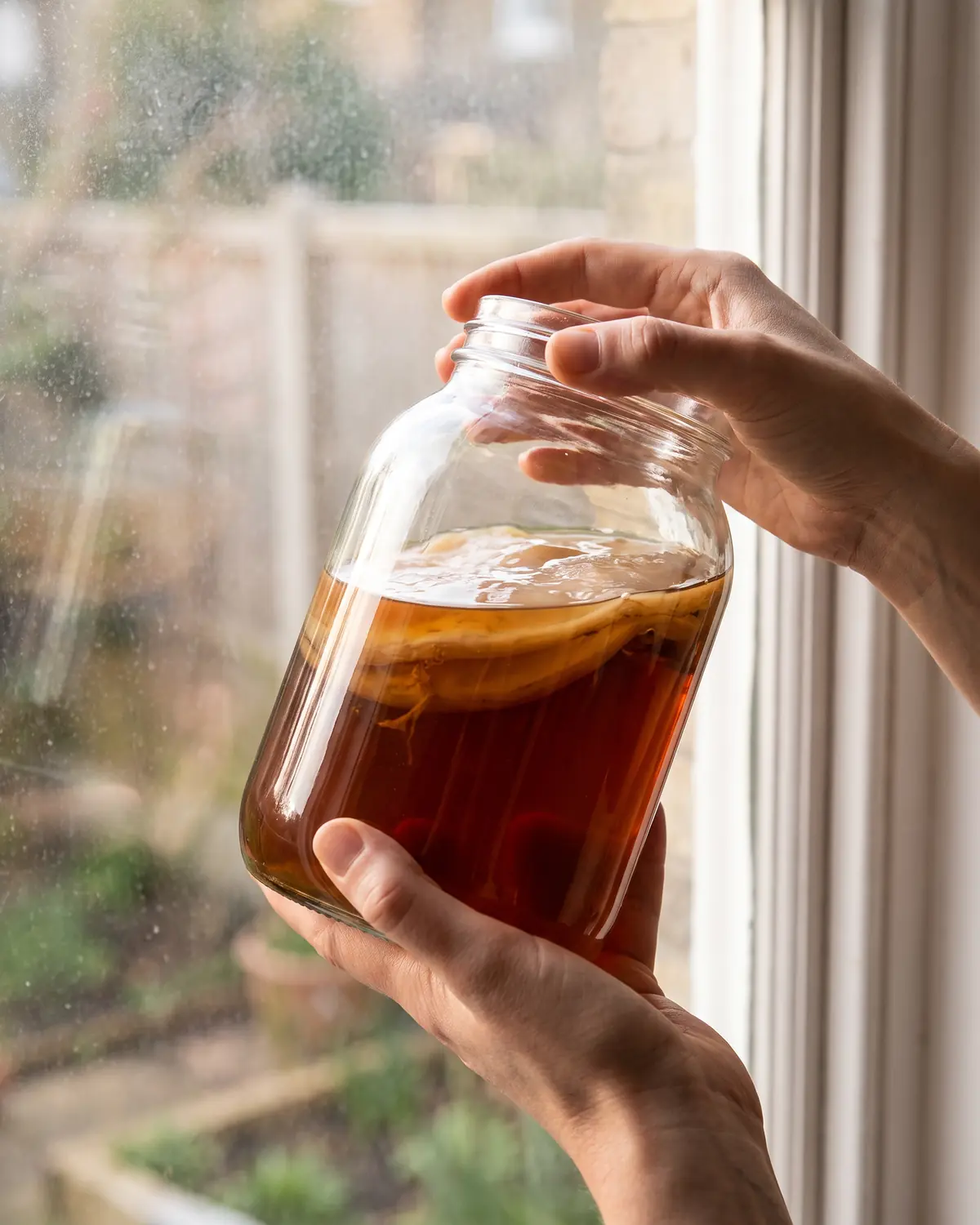 la kombucha tiene alcohol Manos sostienen un tarro de kombucha frente a una ventana para observar el SCOBY suspendido en el líquido.