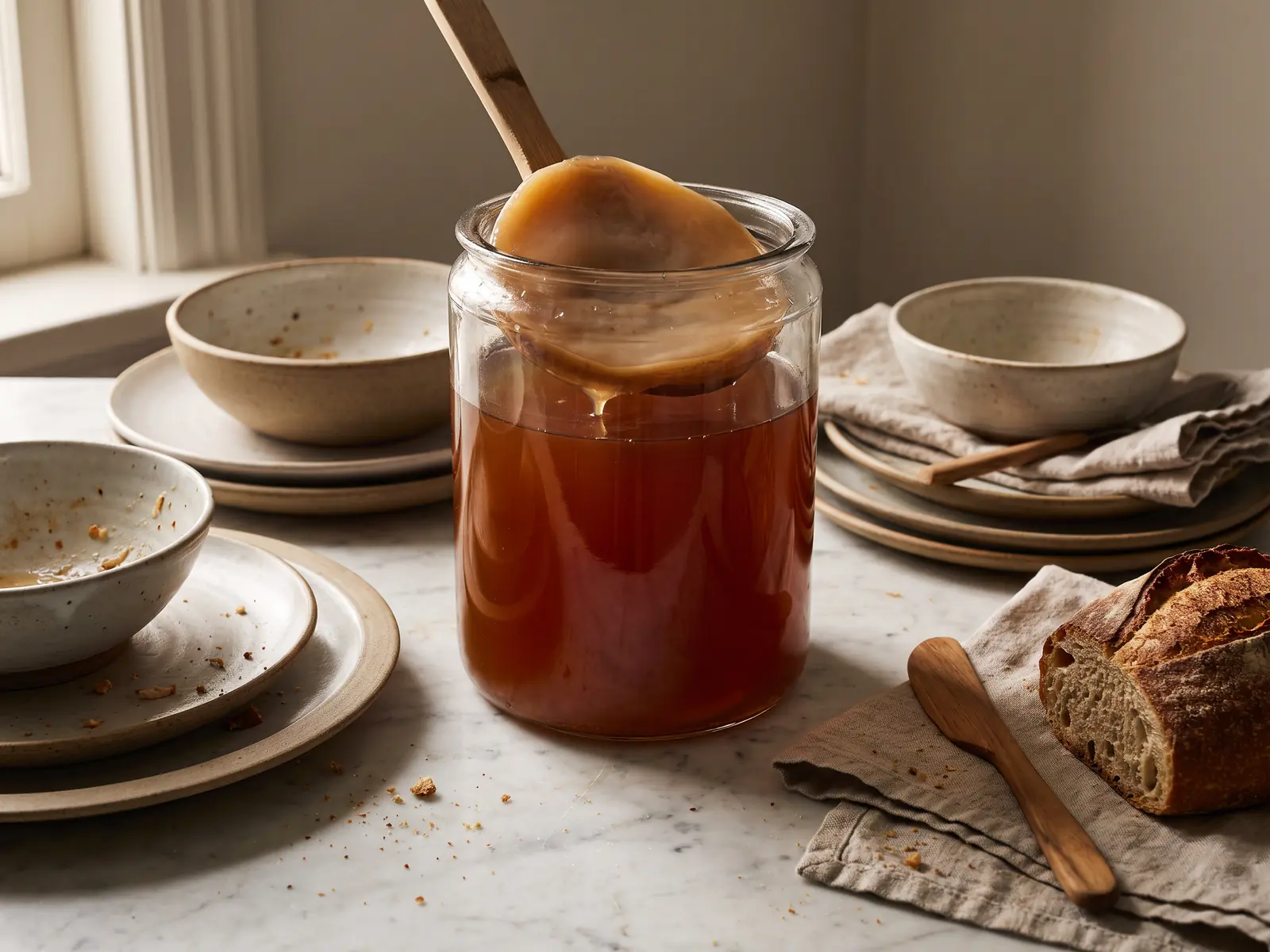 Tarro con SCOBY sobre m&aacute;rmol blanco junto a platos cer&aacute;micos en una sobremesa de d&iacute;a nublado