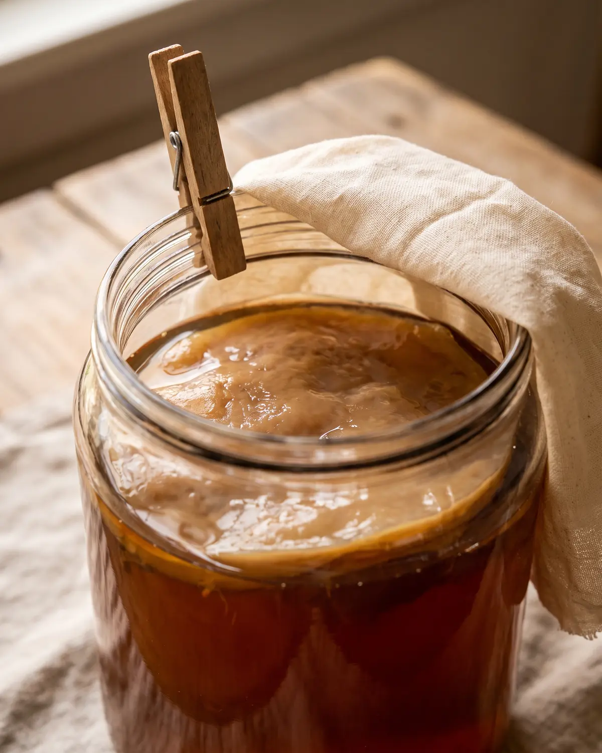 Pinza de madera sujetando la tela de un tarro abierto con el SCOBY visible bajo la superficie.