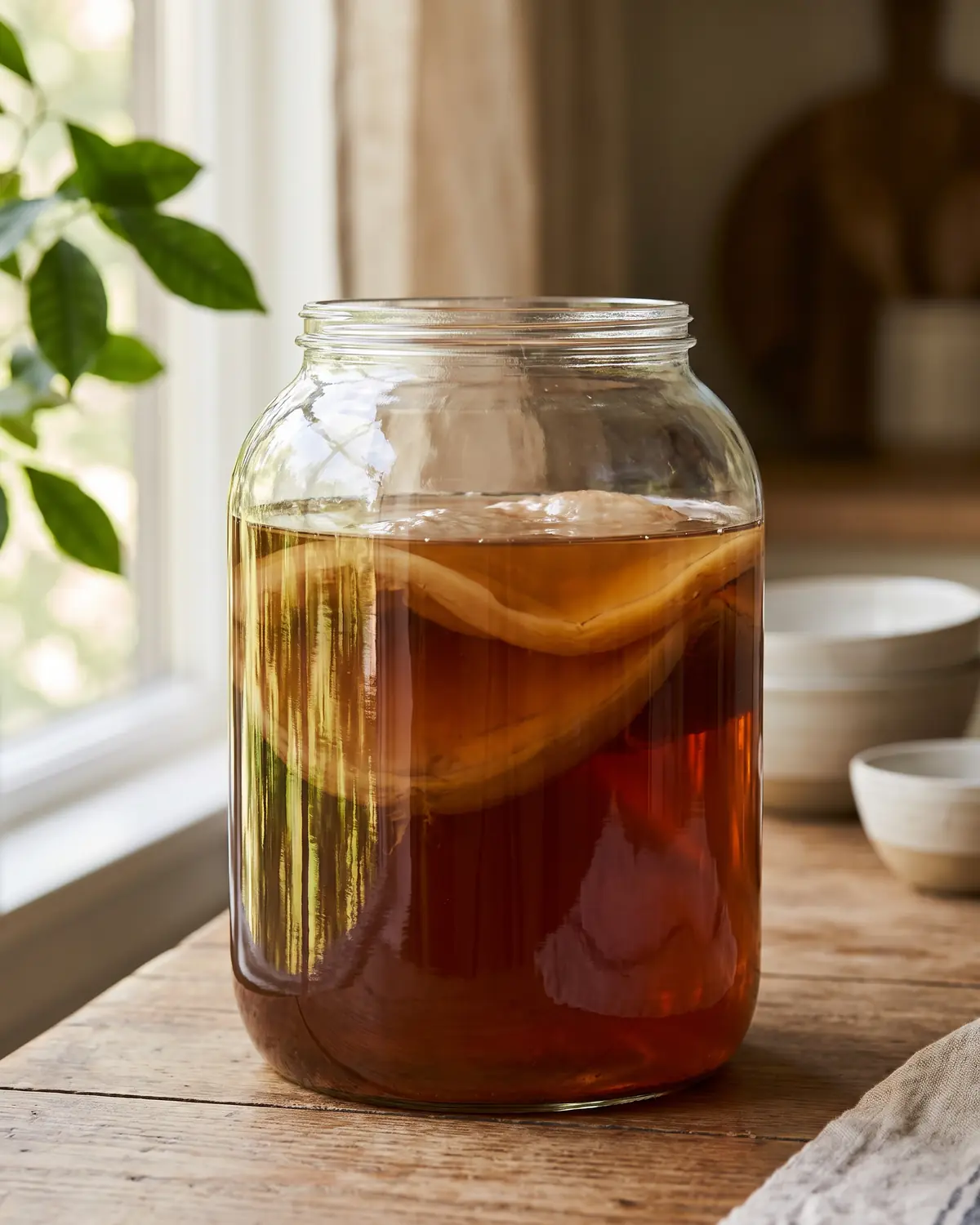 azúcar para kombucha Tarro de kombucha con reflejo de hojas verdes y un SCOBY marrón visible a través del cristal.