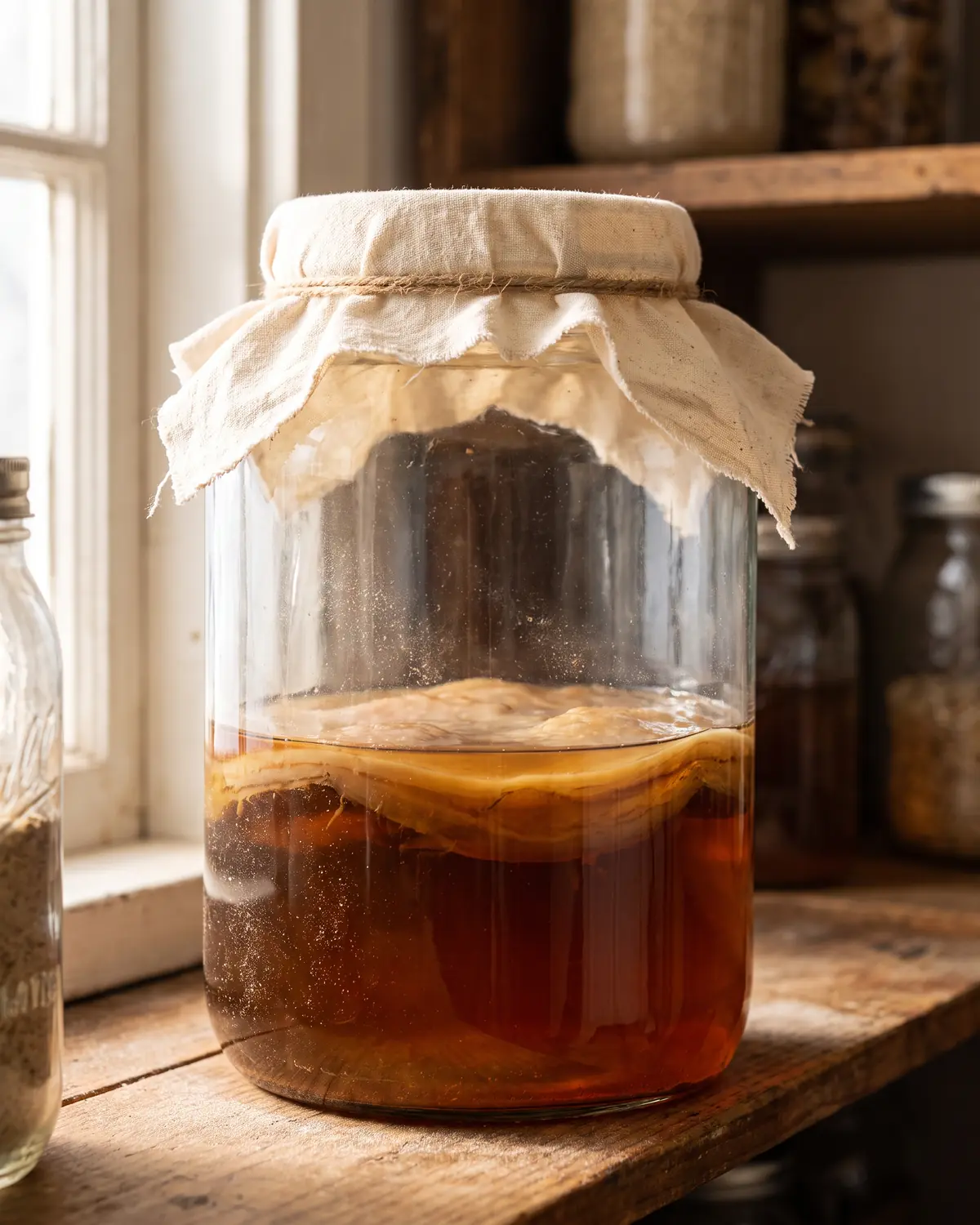 kéfir de agua o kombucha Frasco de kombucha en una repisa con vidrio polvoriento y SCOBY oscuro cubierto por una tela crema.