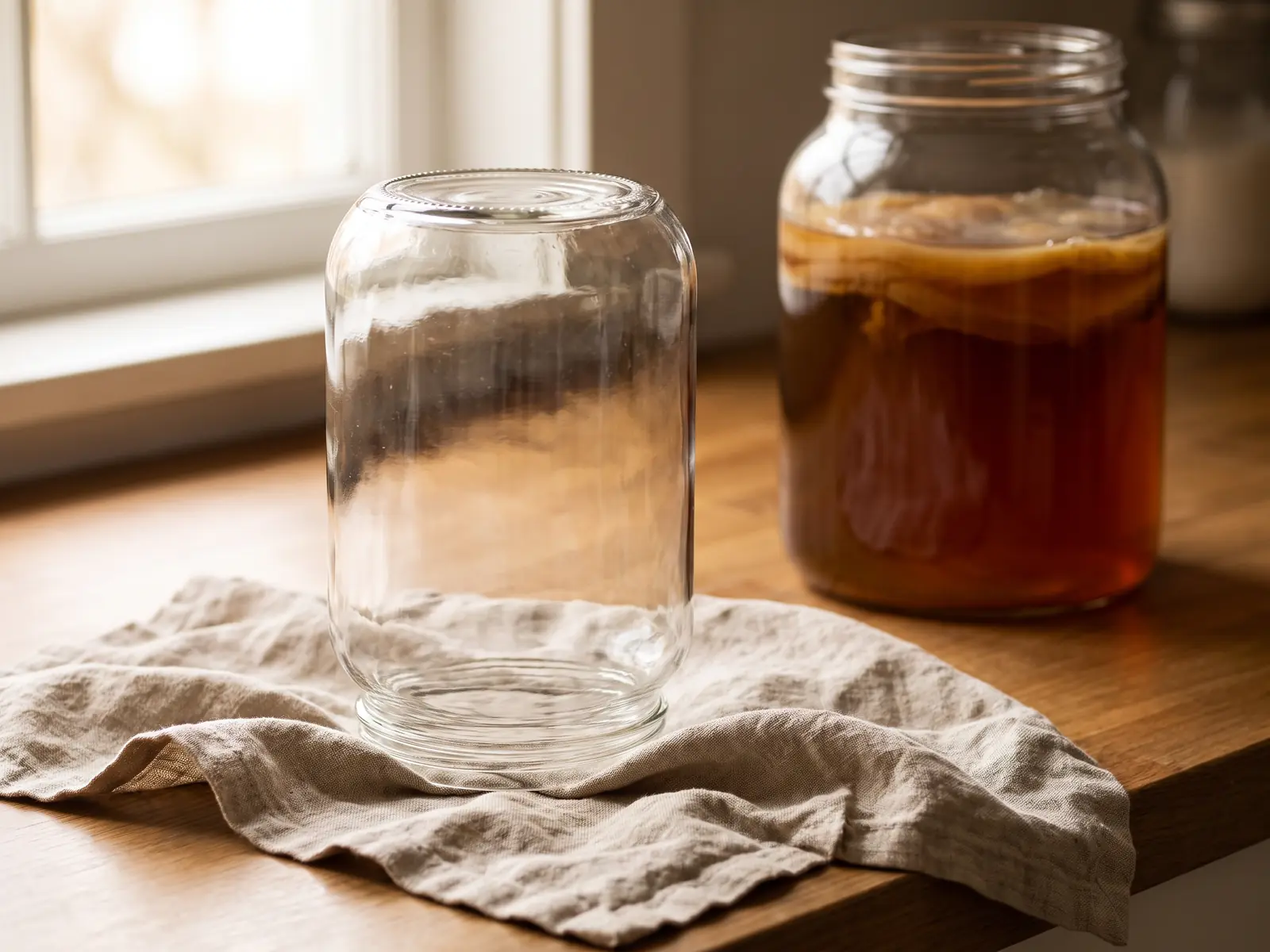Rinc&oacute;n de limpieza con un tarro vac&iacute;o secando y otro tarro de kombucha con SCOBY al fondo.