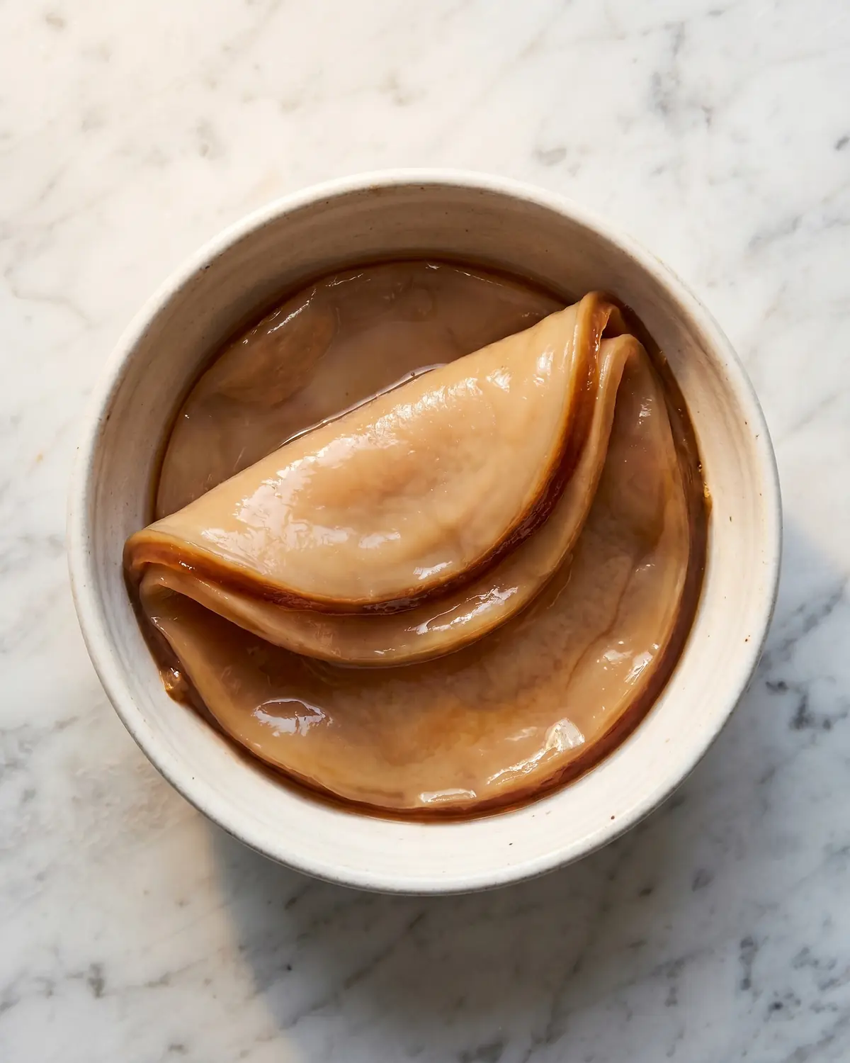 kombucha adelgaza SCOBY grueso doblado sobre sí mismo en un cuenco cerámico con el borde beige visible.