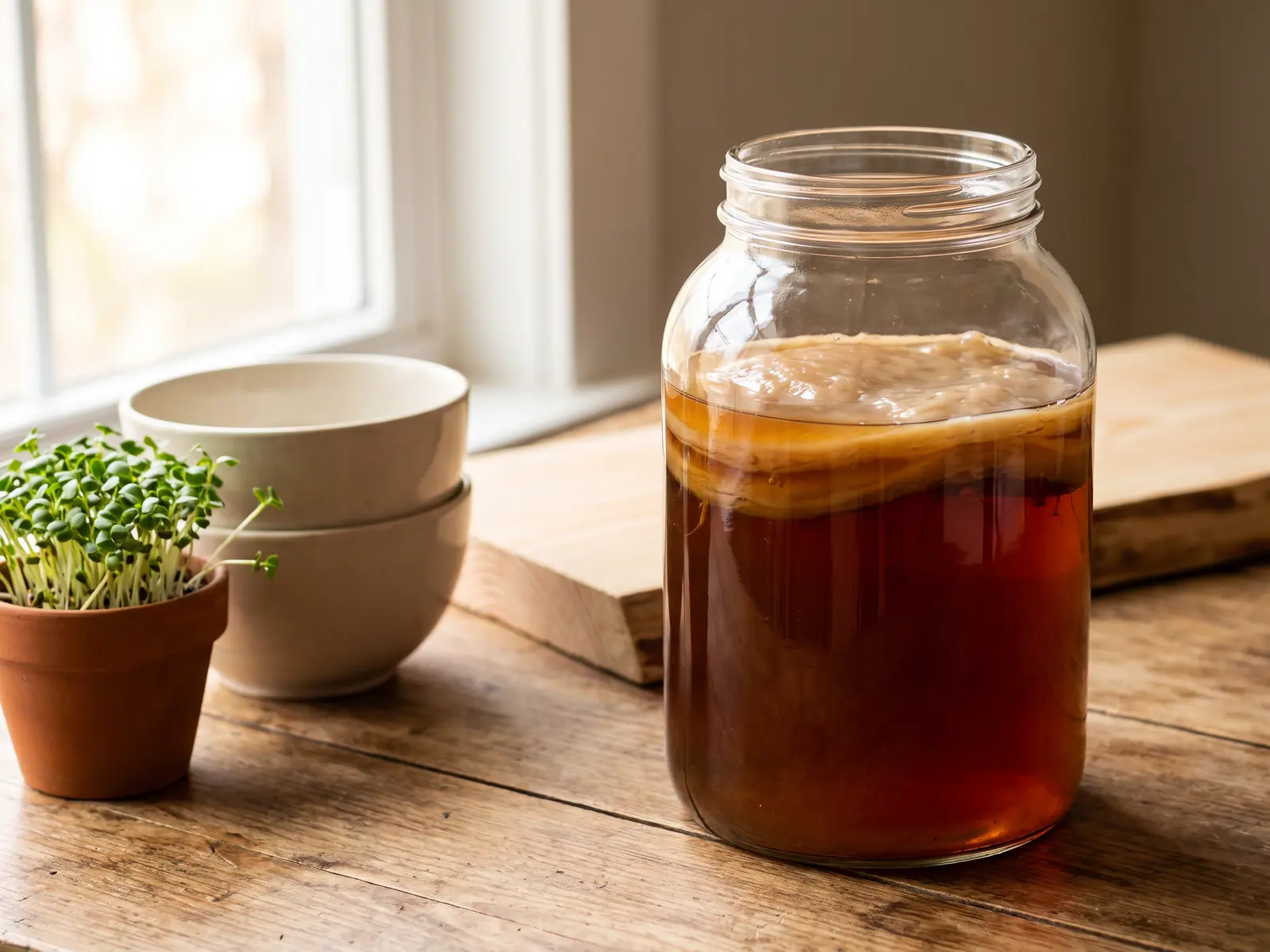 kombucha mercadona precio Tarro de kombucha con SCOBY junto a brotes verdes, cuencos claros y una superficie de madera de pino