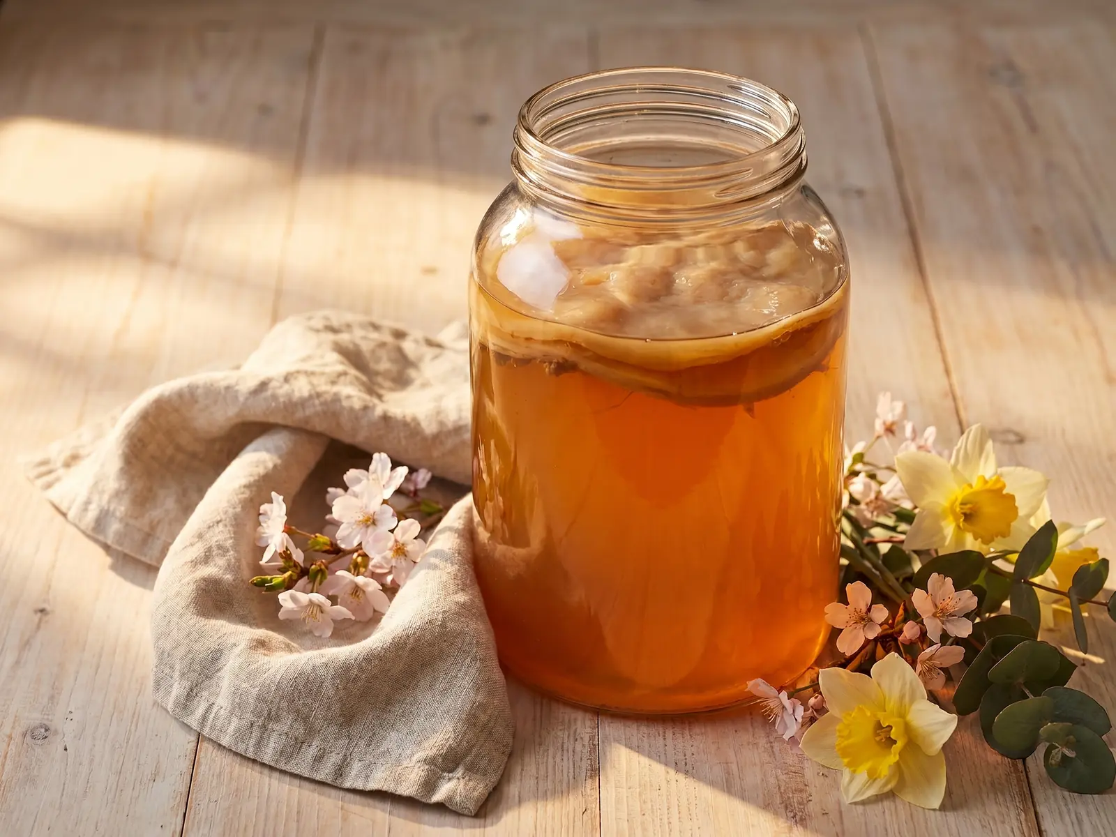 Tarro de kombucha &aacute;mbar junto a flores de primavera, lino crudo y luz c&aacute;lida lateral.
