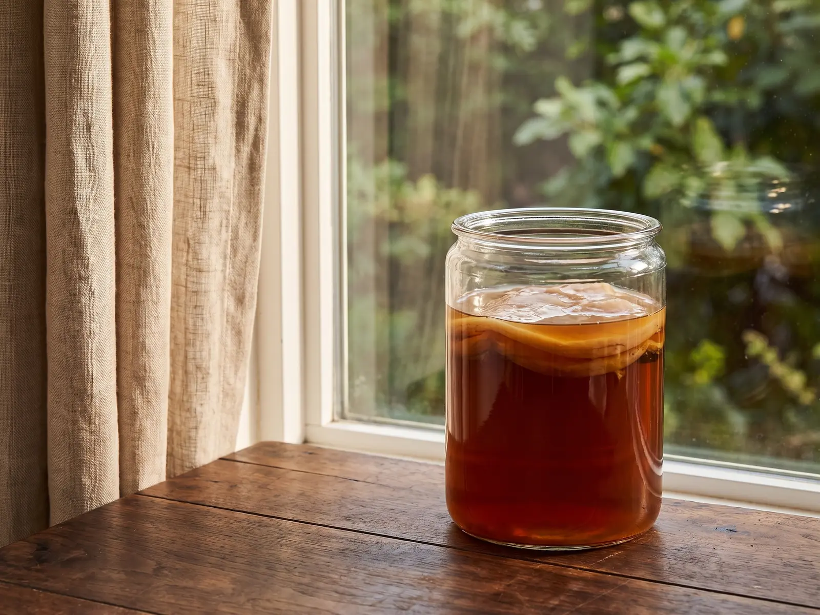 para qué es buena la kombucha Tarro con SCOBY de kombucha junto a una ventana abierta, con cortina de lino y hojas suaves al fondo.