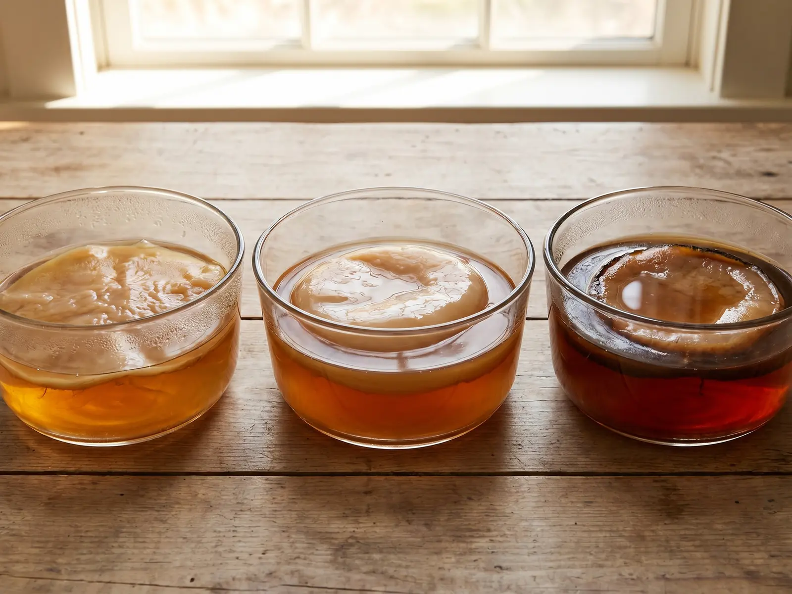 Tres cuencos con distintos SCOBY de kombucha en t&eacute; madre, mostrando grosores y tonos diferentes.