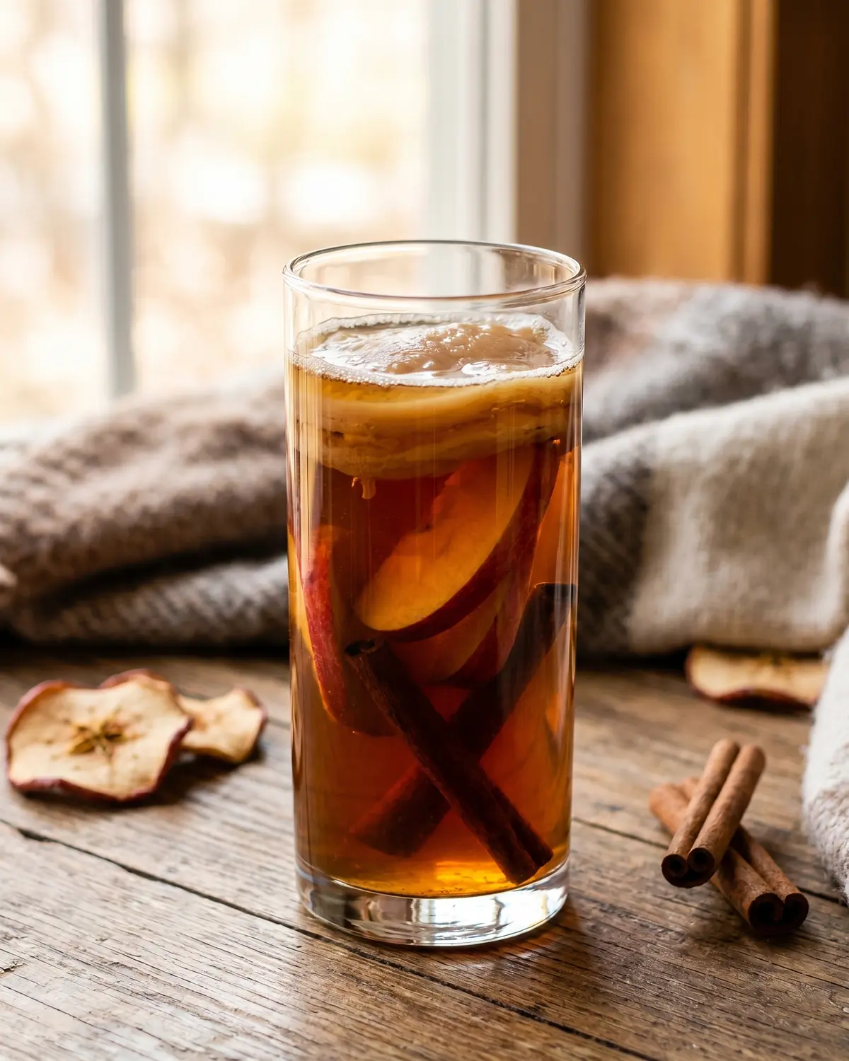 Vaso estrecho con kombucha, manzana y canela en un encuadre vertical de ambiente invernal c&aacute;lido