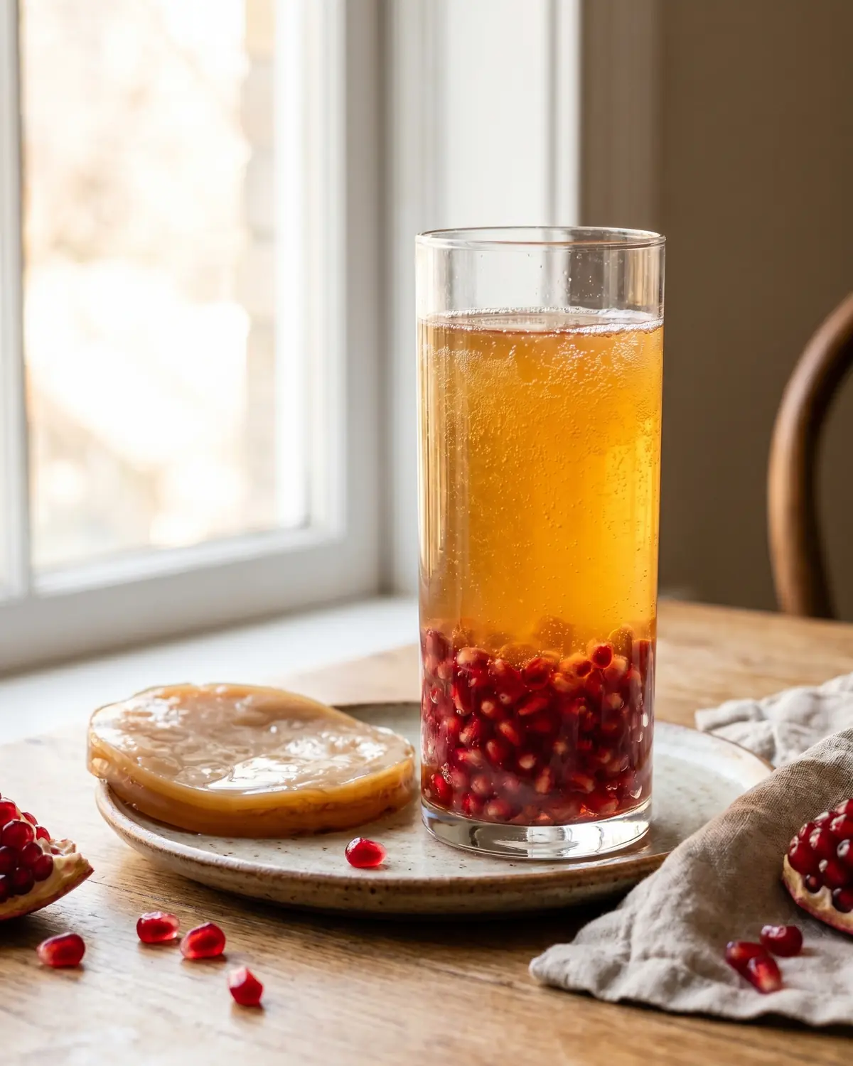 Vaso alto de kombucha con granada, semillas en el fondo y luz natural entrando por la ventana.