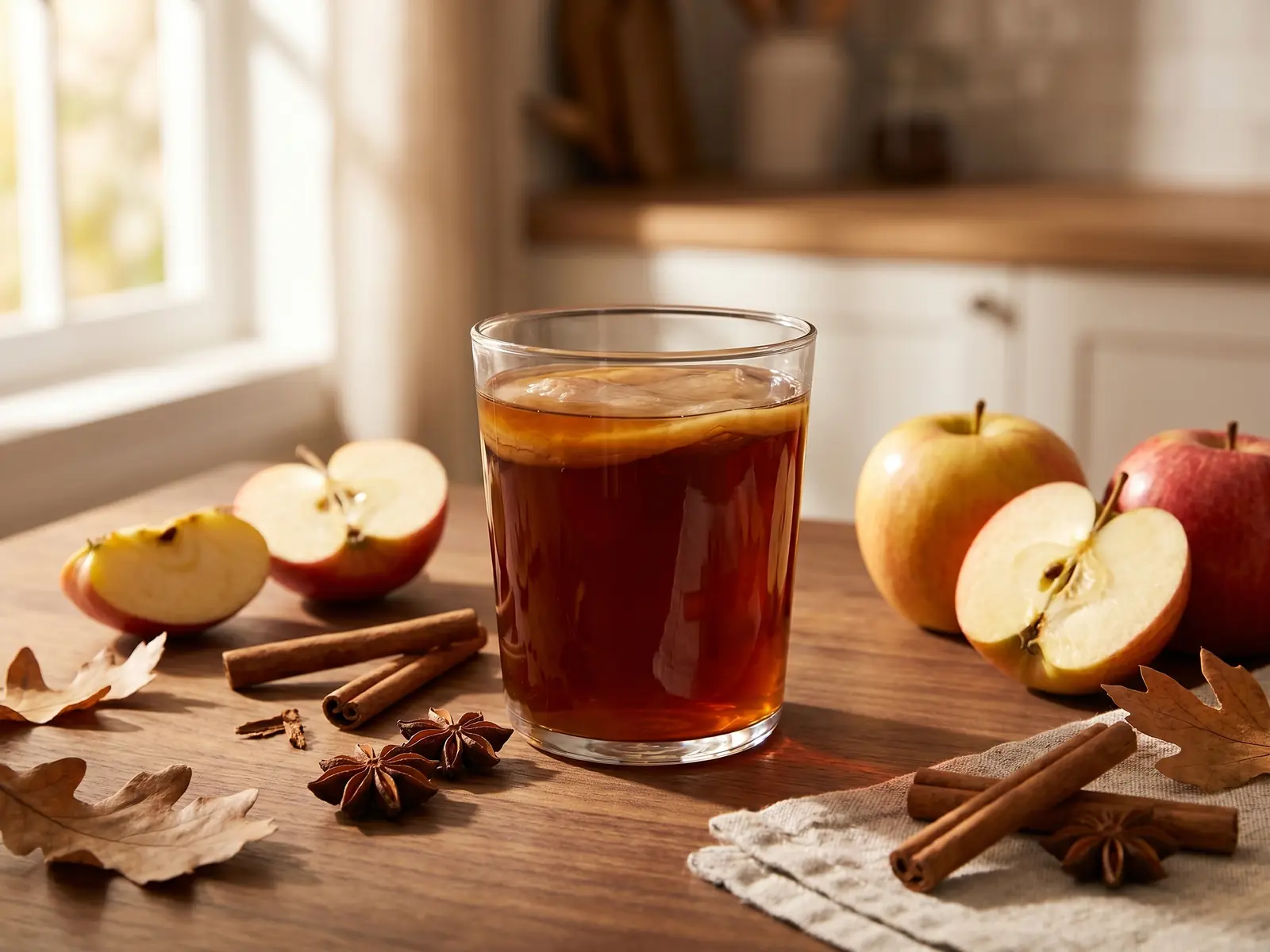 Vaso de kombucha oscura con manzana y canela sobre una mesa de nogal en ambiente oto&ntilde;al.