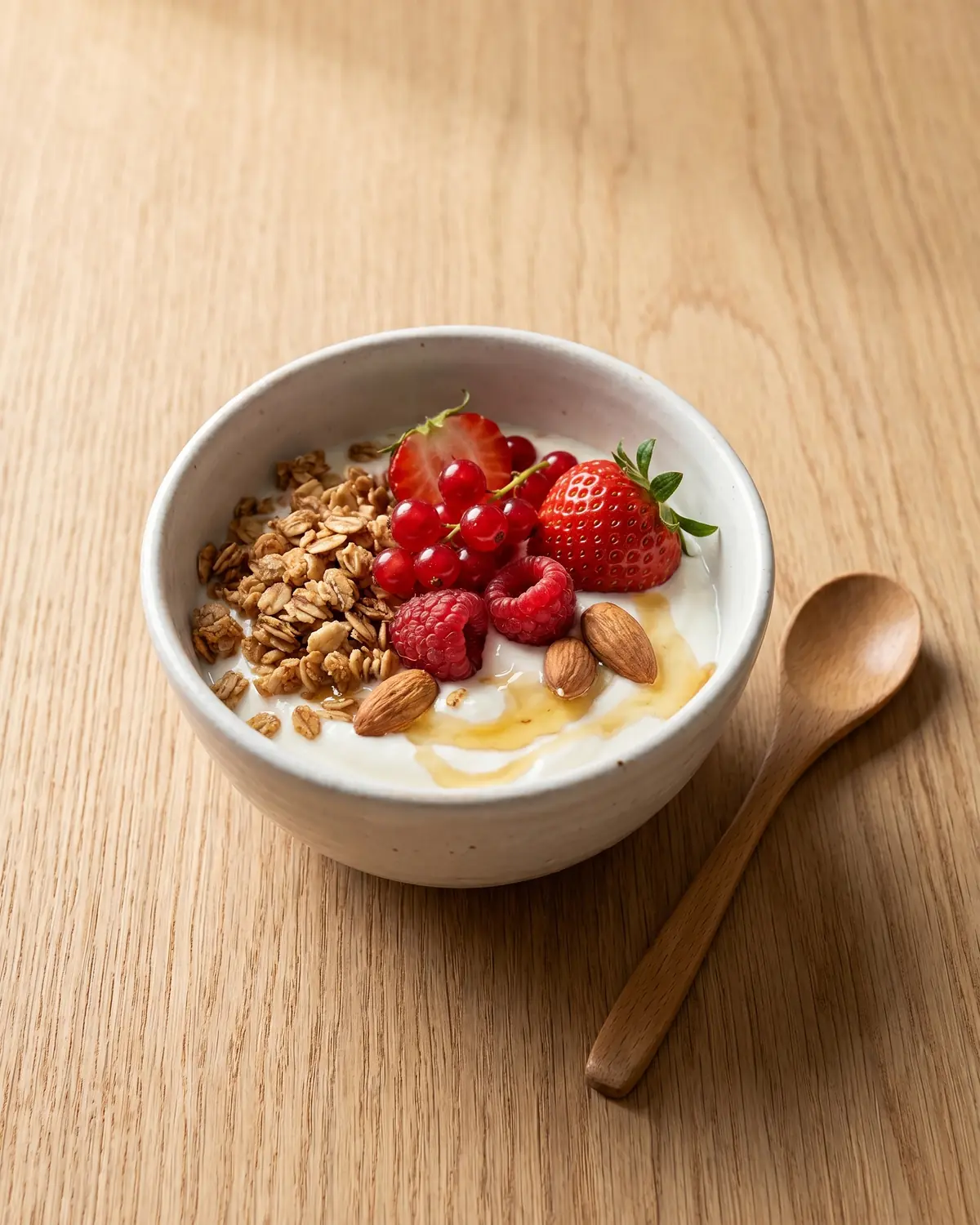 honguitos para hacer yogurt Bowl de desayuno con yogur, frutos rojos, granola y almendras preparado para tomar con cuchara.