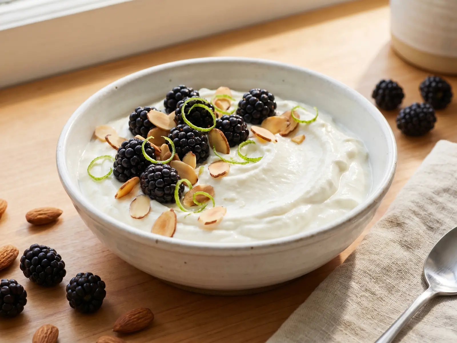 como se hace el yogurt casero Bowl de yogur con moras, almendras laminadas y ralladura de lima junto a una ventana con luz suave.