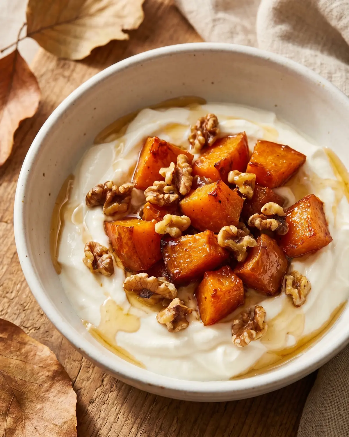 Detalle de yogur con calabaza asada y nueces sobre cer&aacute;mica blanca en tonos oto&ntilde;ales suaves