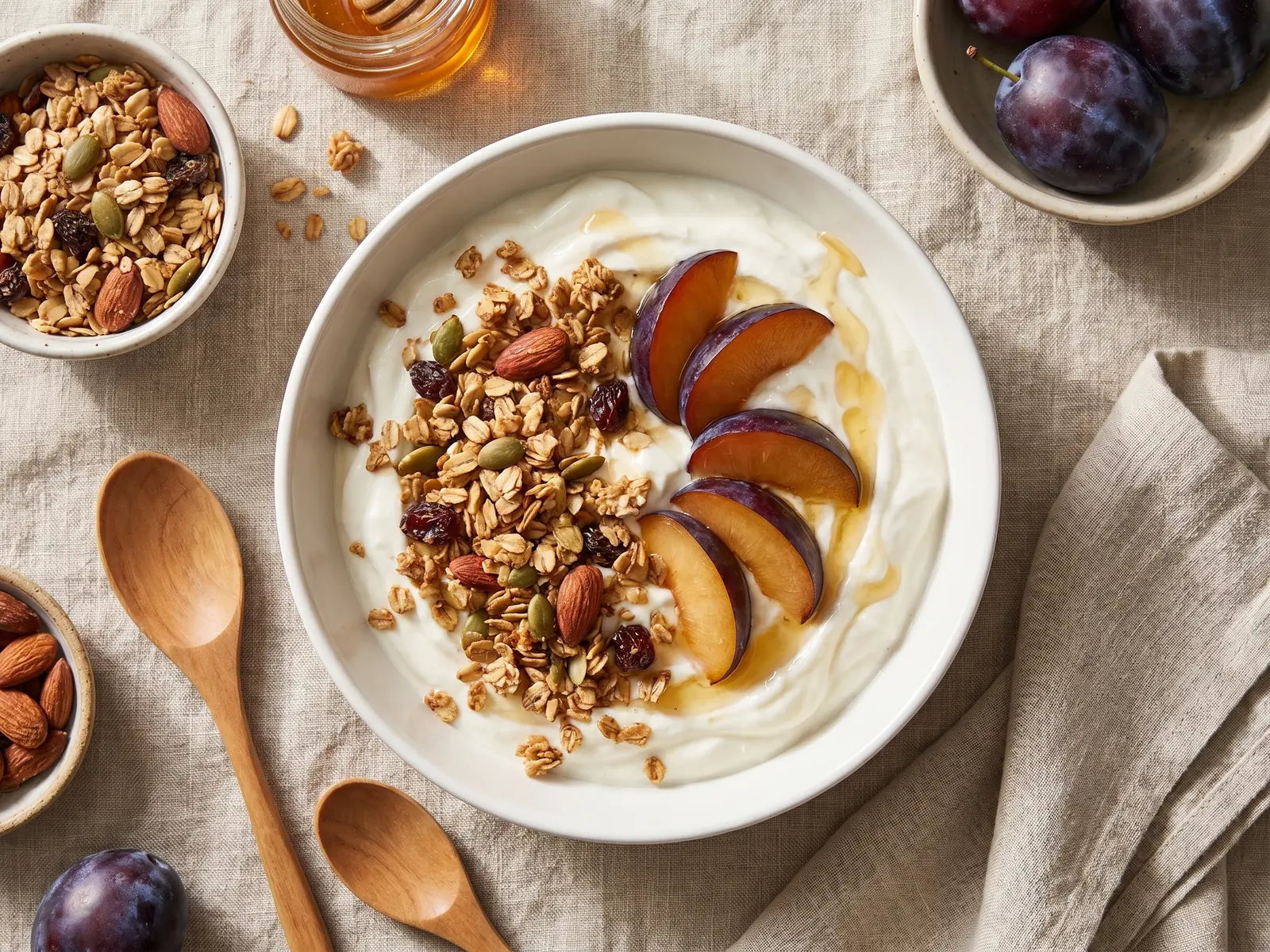 yogur kéfir beneficios Cuenco de yogur con granola casera y ciruelas sobre lino crudo, visto desde arriba.