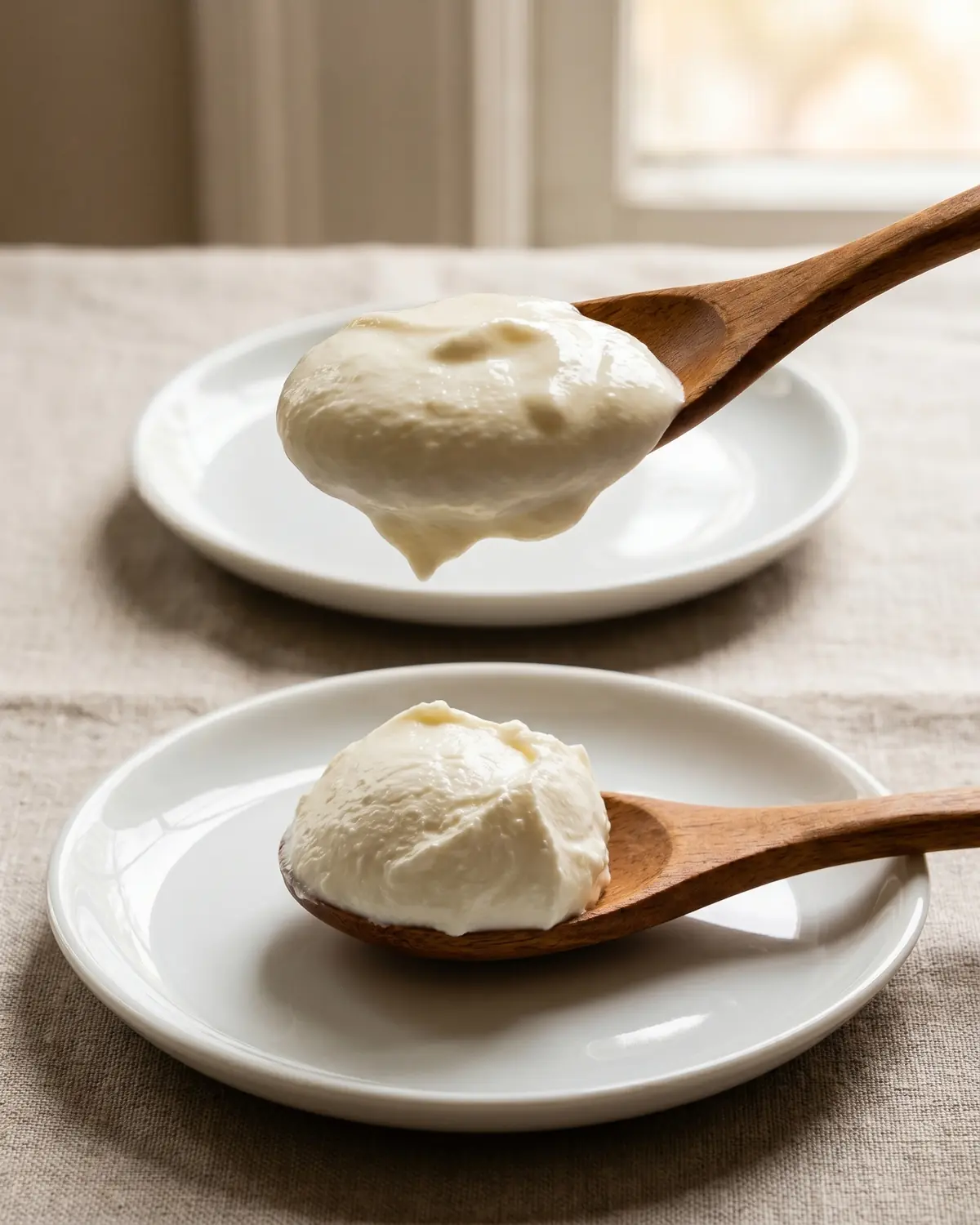 hacer yogur en casa Dos cucharadas muestran la diferencia entre un yogur cremoso y otro más firme sobre platos blancos.