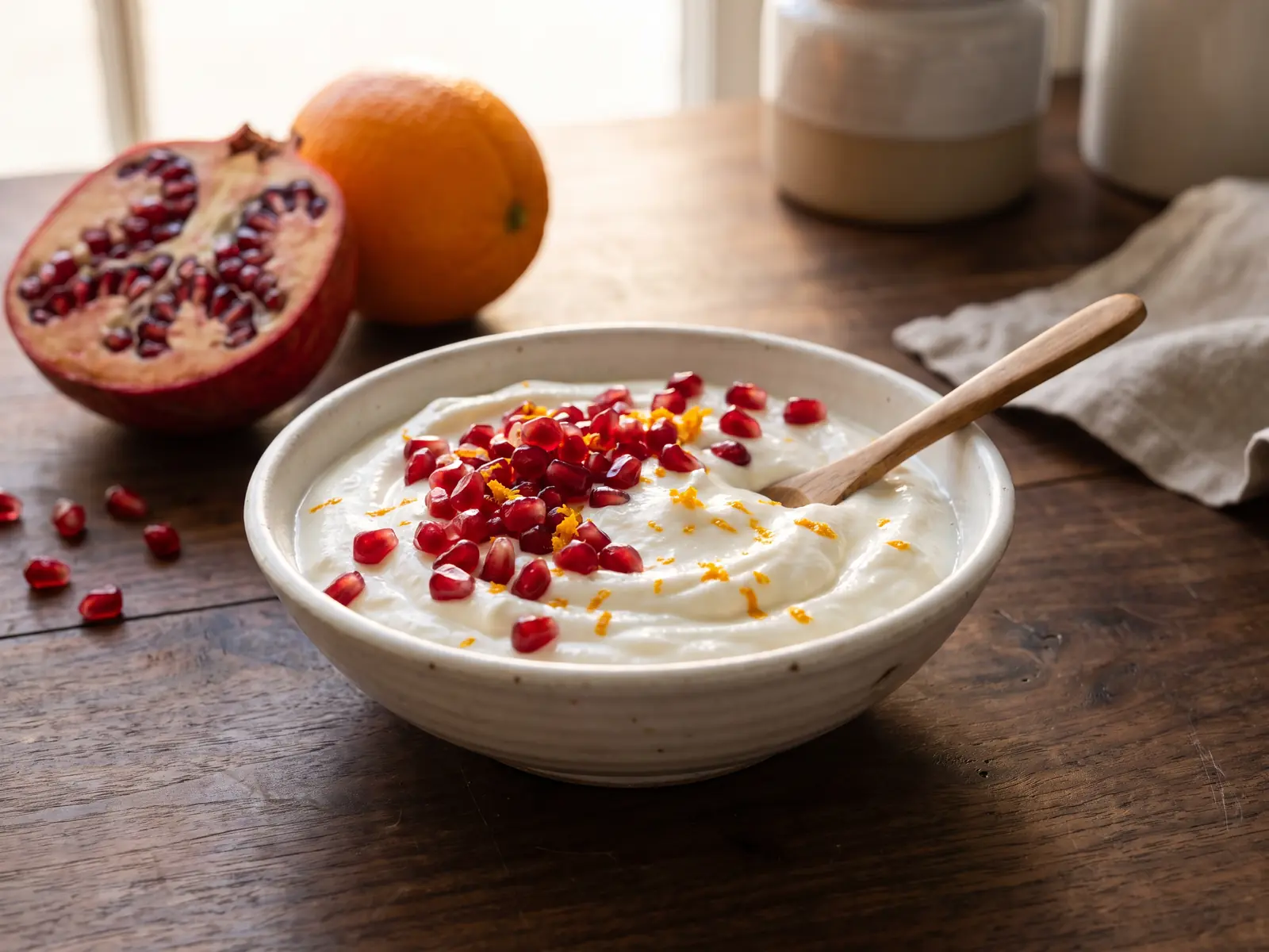 para que es bueno el yogur kefir Cuenco blanco con yogur, granada abierta y ralladura de naranja sobre madera oscura con luz lateral suave