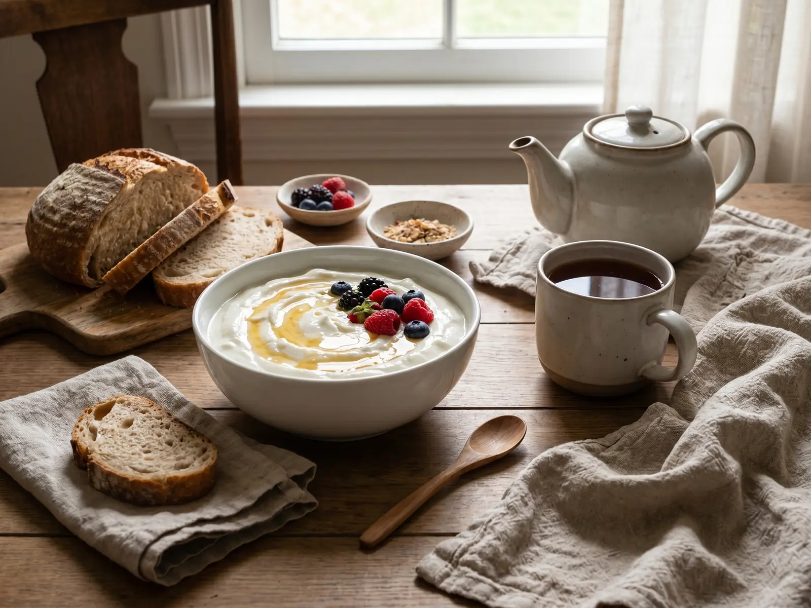 como hacer yogurt casero Bodegón de desayuno con yogur en cuenco de cerámica blanca, té, pan rústico y lino arrugado.