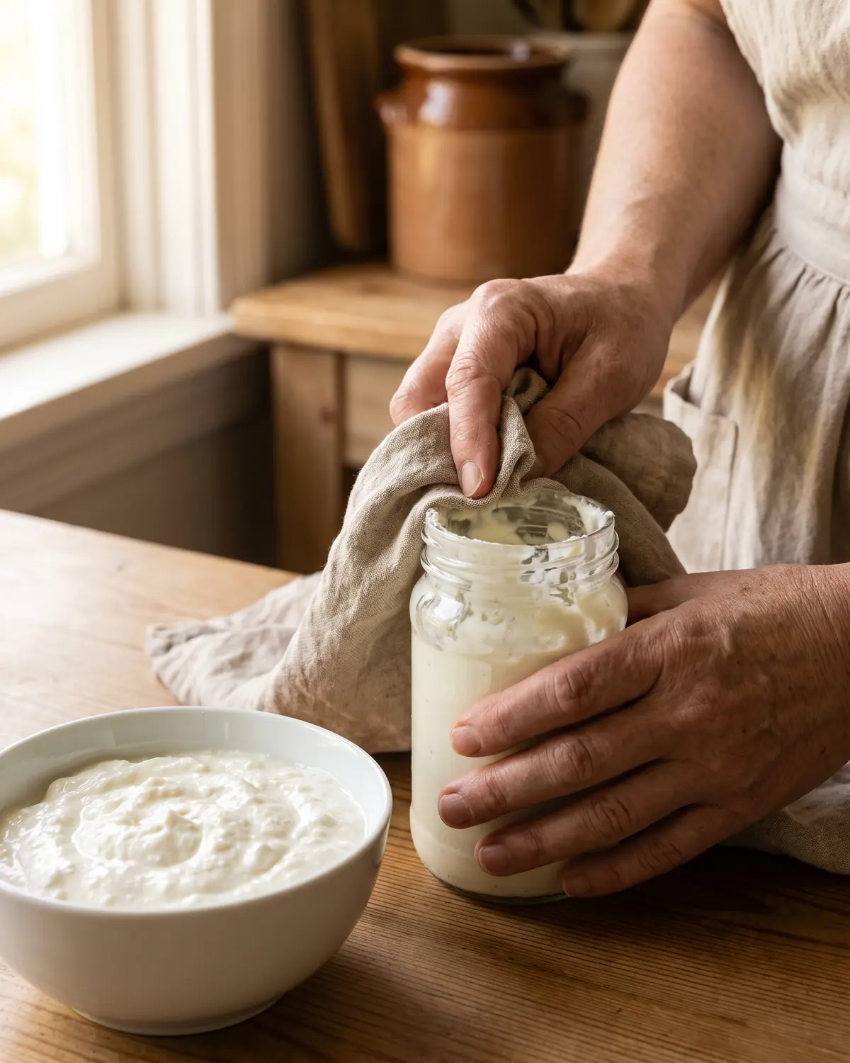 para que es bueno el yogur kefir Manos limpiando con un paño de lino el borde de un vaso manchado de yogur bajo luz lateral