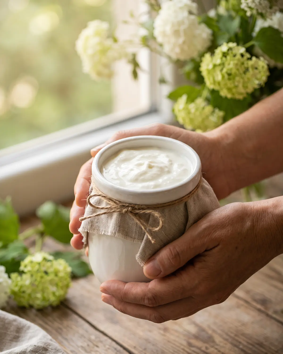 yogur kefir danone Dos manos sostienen un tarro de yogur casero sobre lino, con flores verdes desenfocadas al fondo.