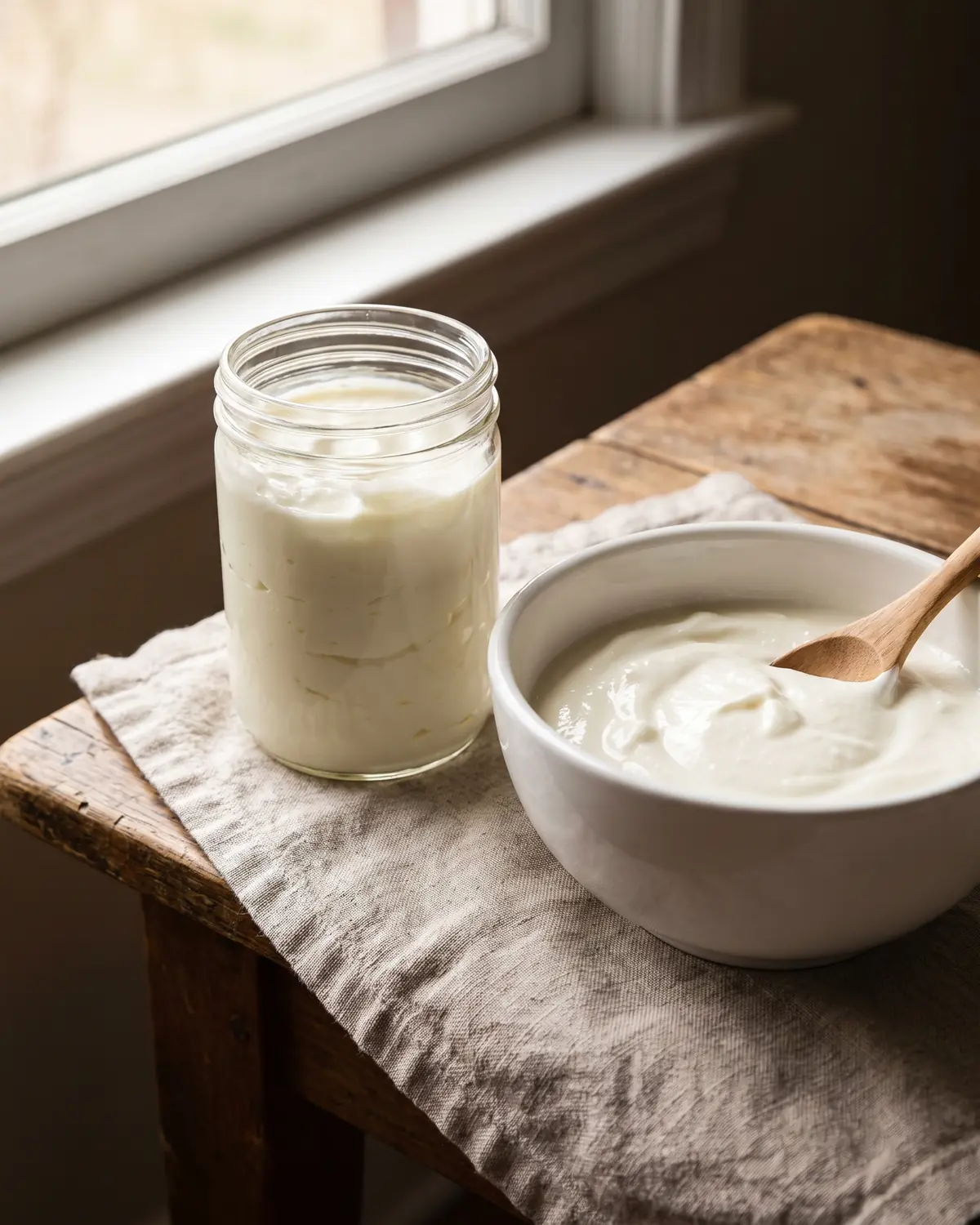Tarro de vidrio y cuenco blanco con yogur espeso en una composici&oacute;n diagonal de textura cremosa.