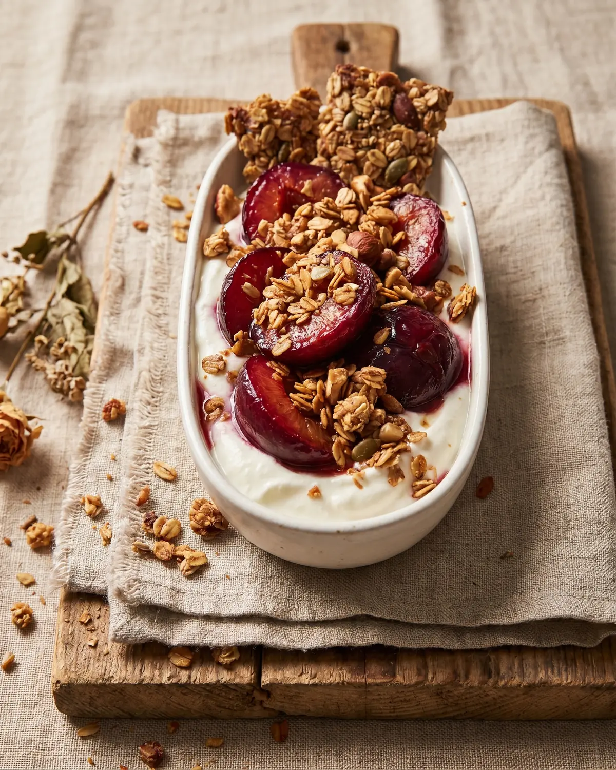 para que sirve el kefir de yogurt Cuenco estrecho de yogur con ciruelas y granola casera sobre lino crudo en formato vertical.