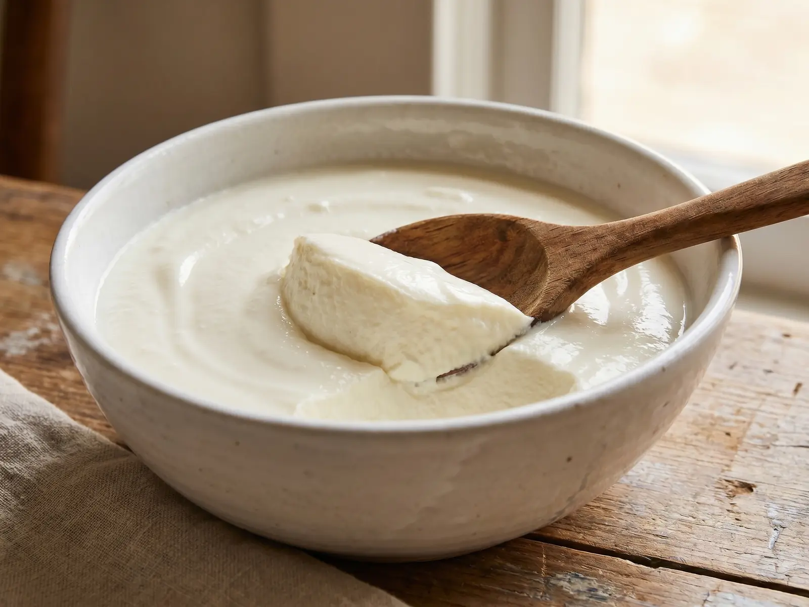 kefir y yogur diferencias Yogur firme servido en cuenco blanco, cortado con una cuchara de madera que muestra su textura densa.
