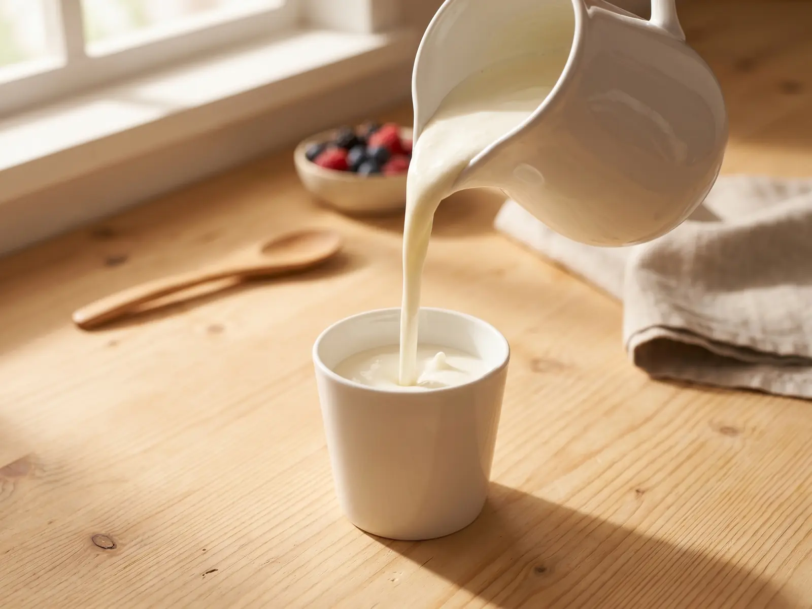 bulgaro Jarra cerámica vertiendo yogur bebible en un vaso blanco sobre una encimera de pino