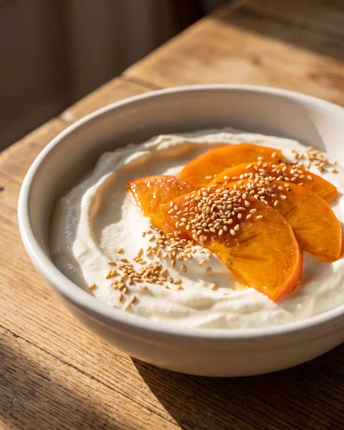yogur kéfir beneficios Primer plano de caqui brillante sobre yogur espeso con sésamo tostado y luz de ventana.
