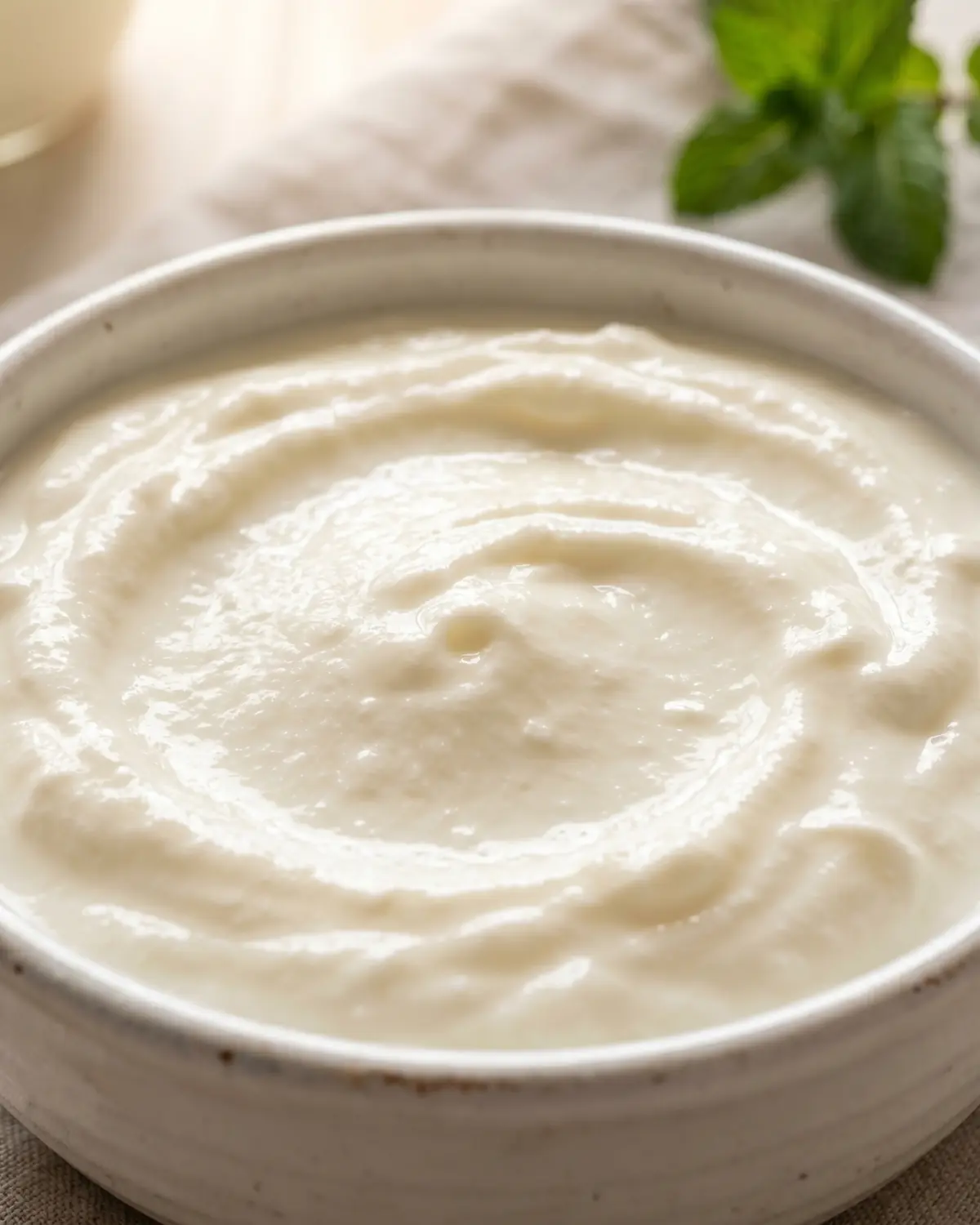 bulgaro Macro de yogur cremoso en cerámica blanca con remolino central y brillo natural suave